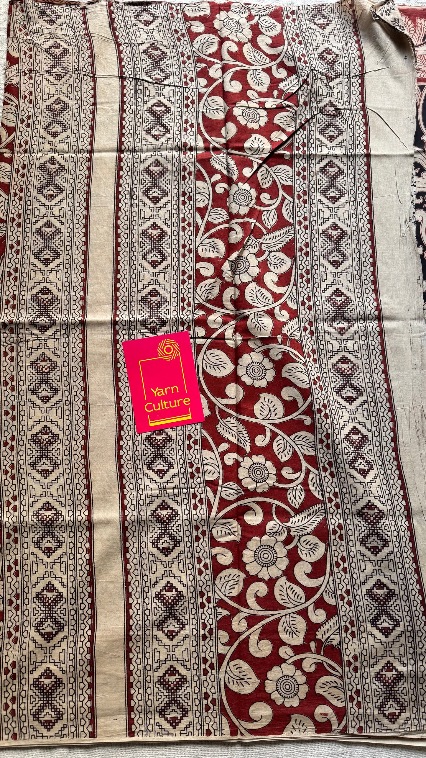 Black with beige and brick red kalamkari, floral vines, soft cotton - YCWOTDOCMP85