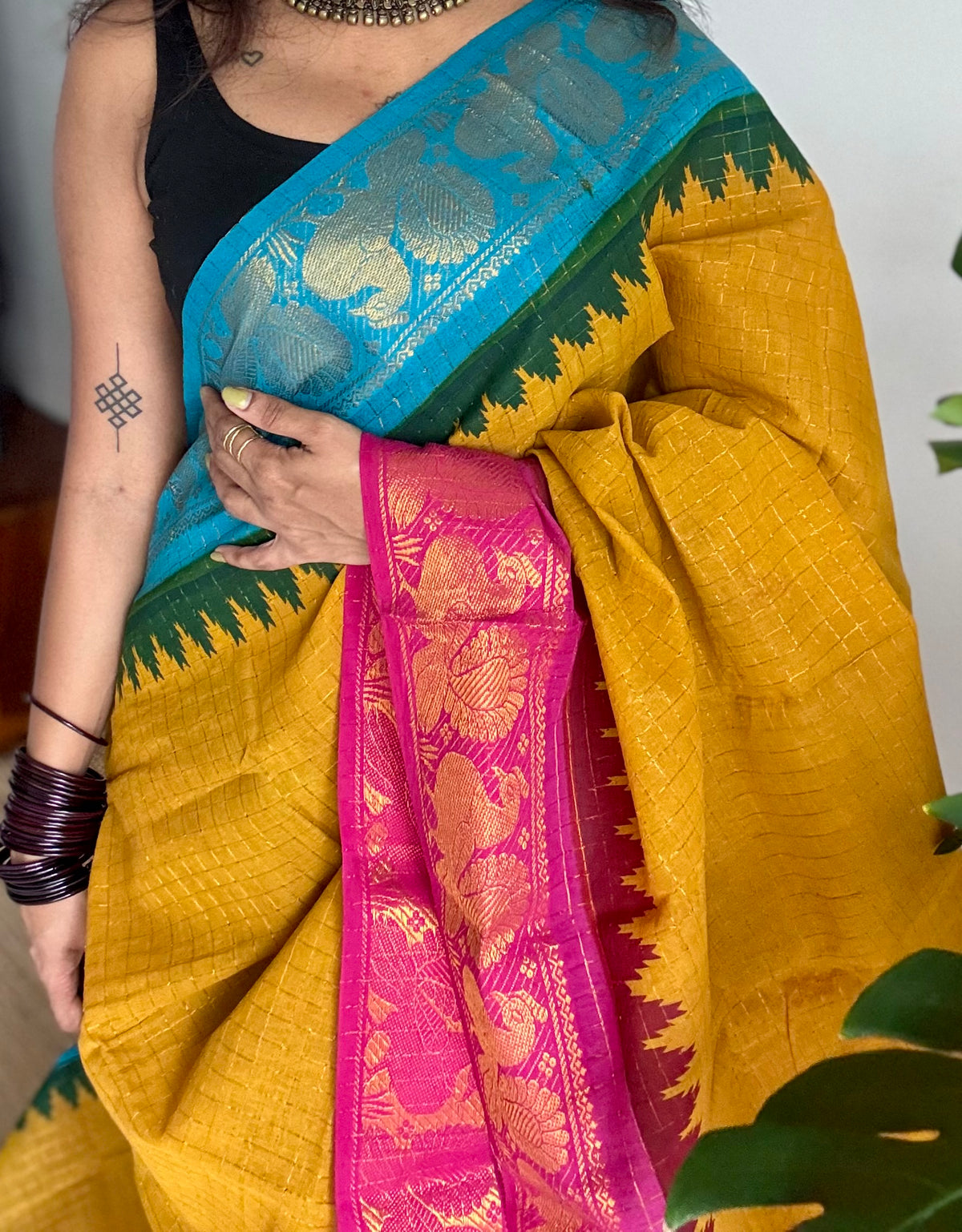 Sungudi cotton checks, mustard yellow base, blue and hot pink dual tone border, soft cotton - YCCOTNMSSE09