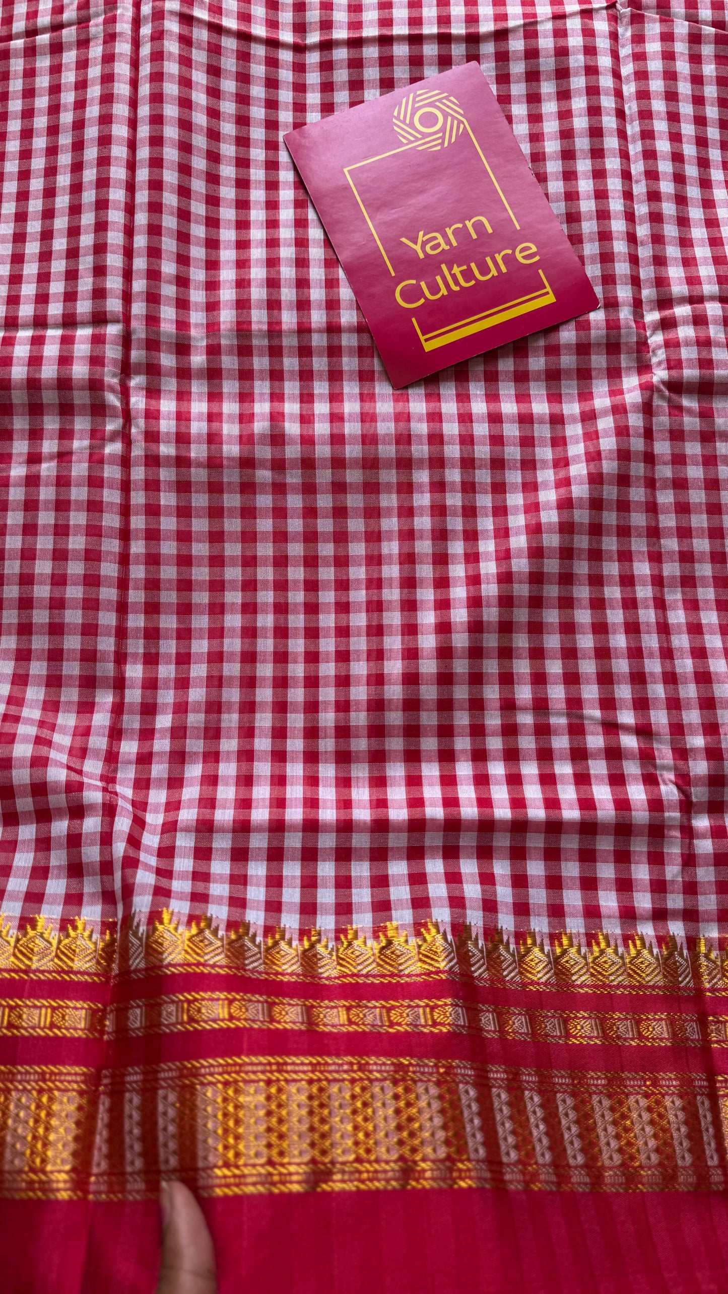 llkal red and white checks with chikki paras border, soft cotton with art silk blend - YCLOKICAP229