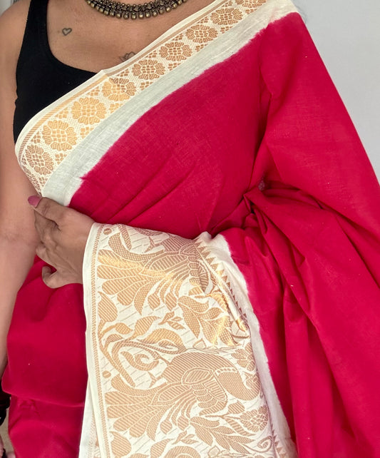 Red long border sungudi saree with cream contrast, kattuchayam dyed madurai cotton - YCCOTNMA251