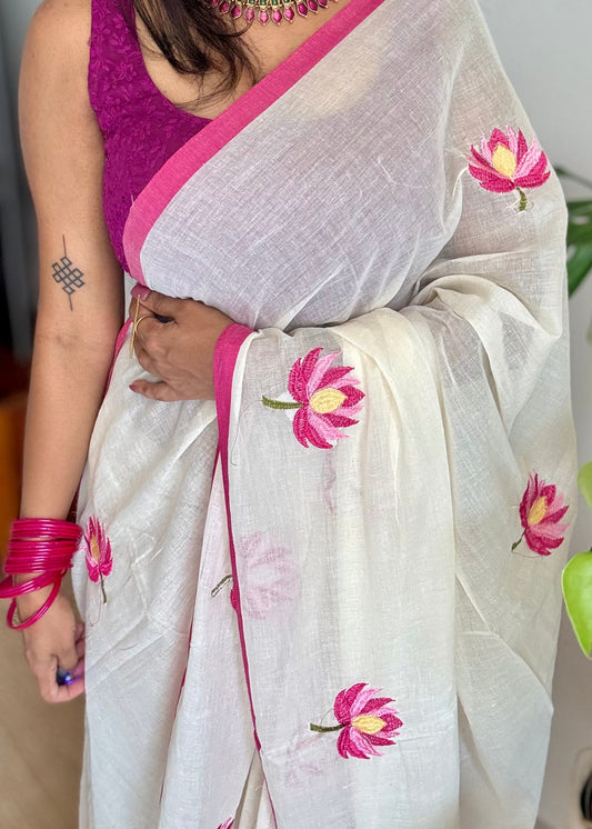 Ivory mul saree, with pink lotus embroidery - YCIEON03