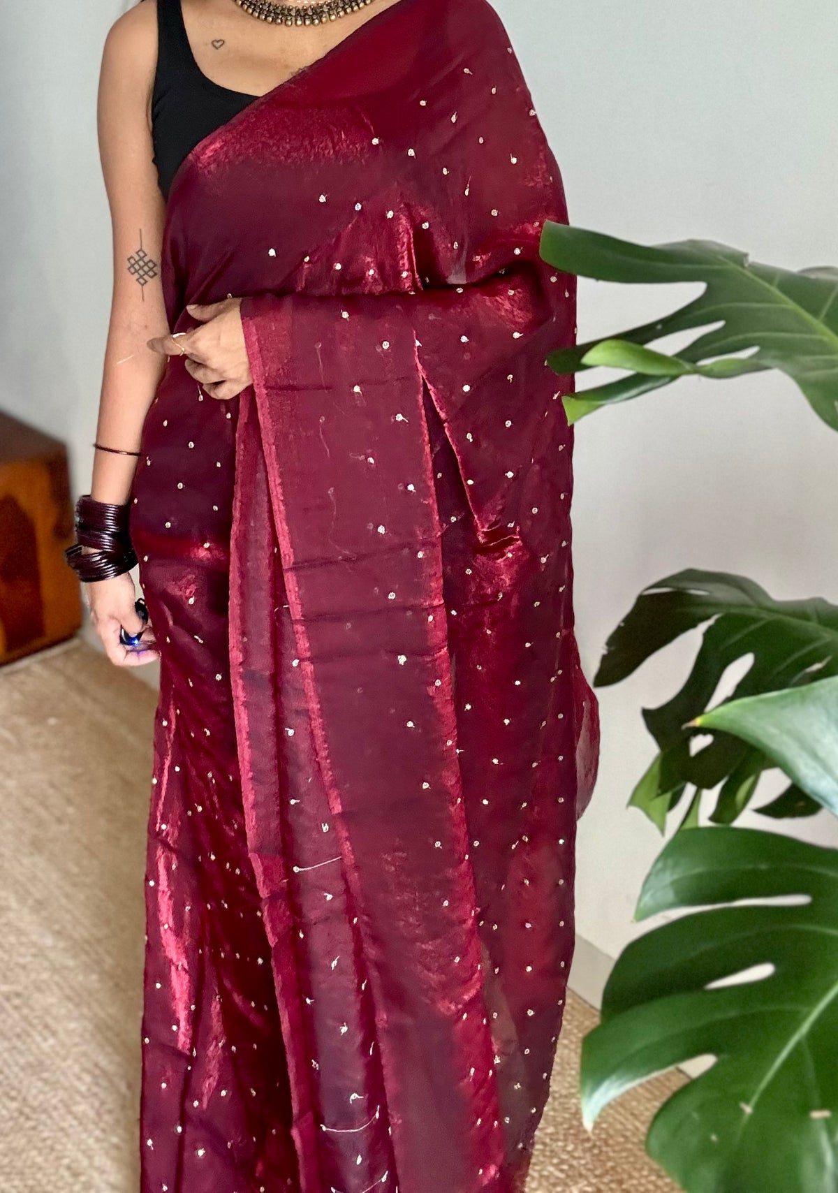 Metallic dual tone space silk saree, dark red with sequins - YCDOSOC48