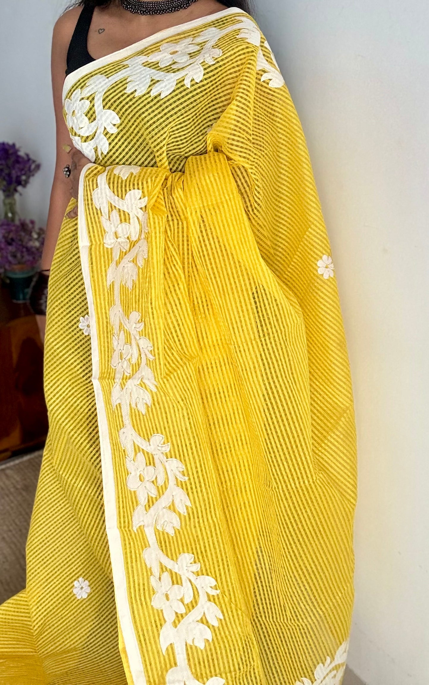 Aam Ras - yellow kota saree with white floral cut work - YCTORKDAP16