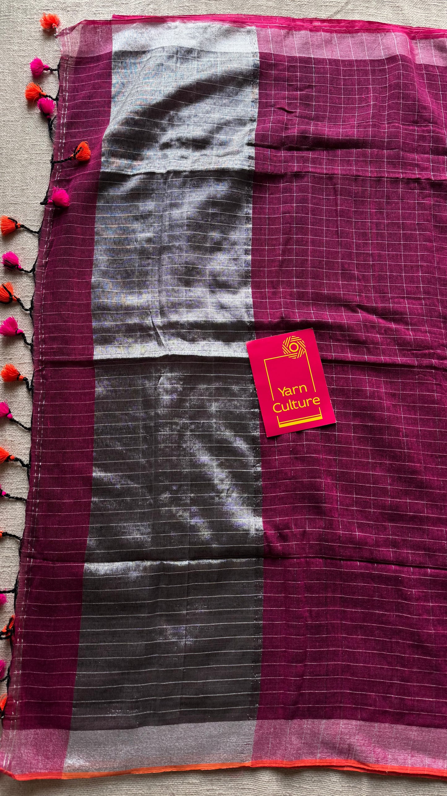 Ruby linen by cotton saree, silver checks & zari pallu - YCBCLCFE387