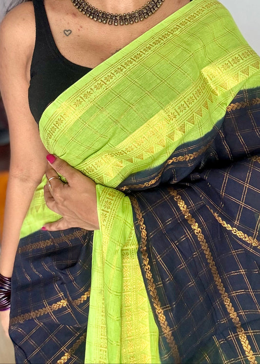 Black with lime green, Adayar checks with velthaari pattern, madurai cotton - YCCOTNOCSC03