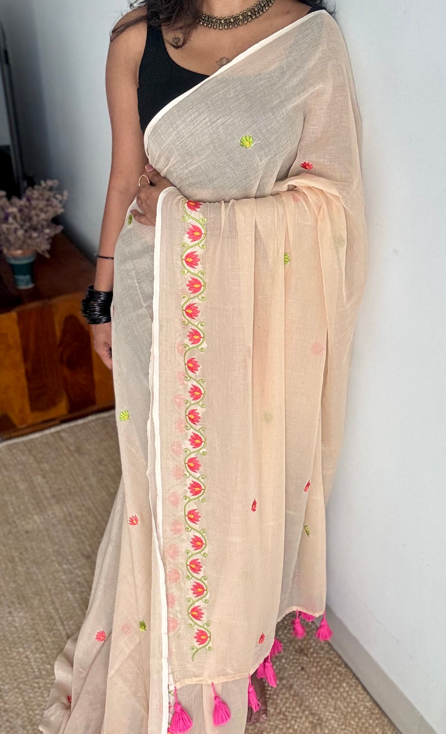 Sandal with lotus embroidery, mul cotton - YCBCJULSC04