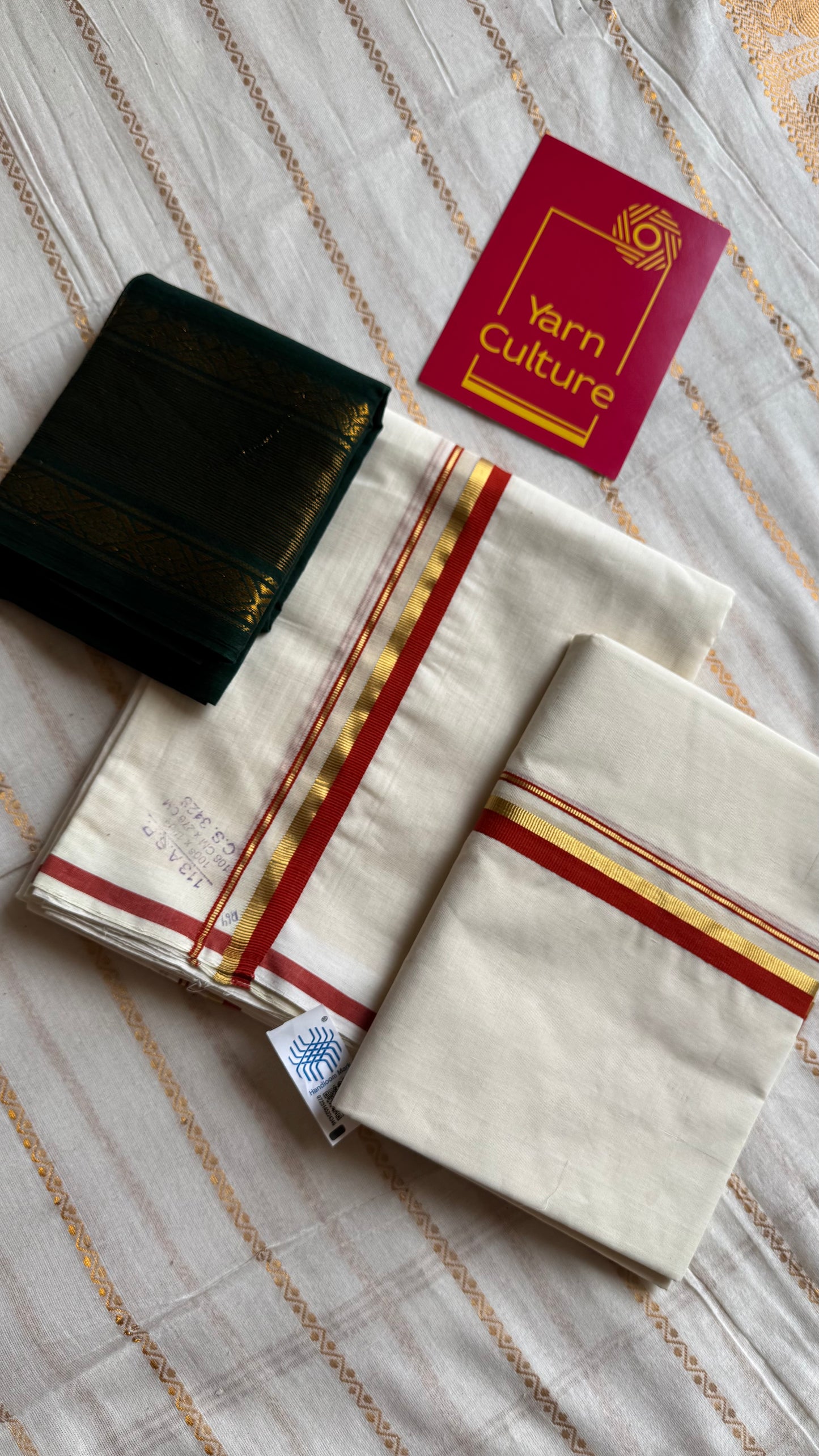 Set mund, handwoven from Chendamangalam looms, rust orange and gold - YCIEON143