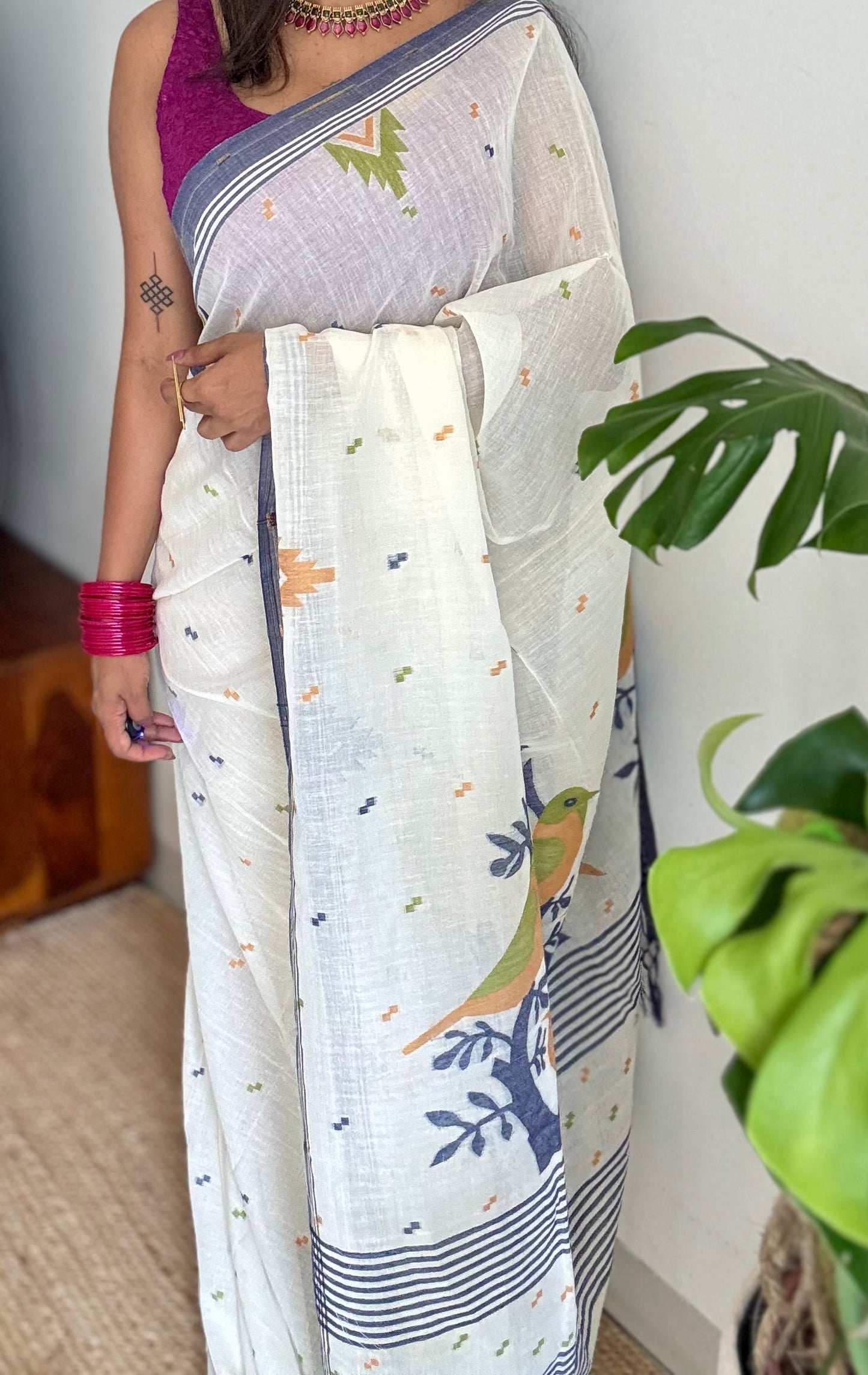 Ivory soft cotton saree, jamdani bird work - YCIEON38