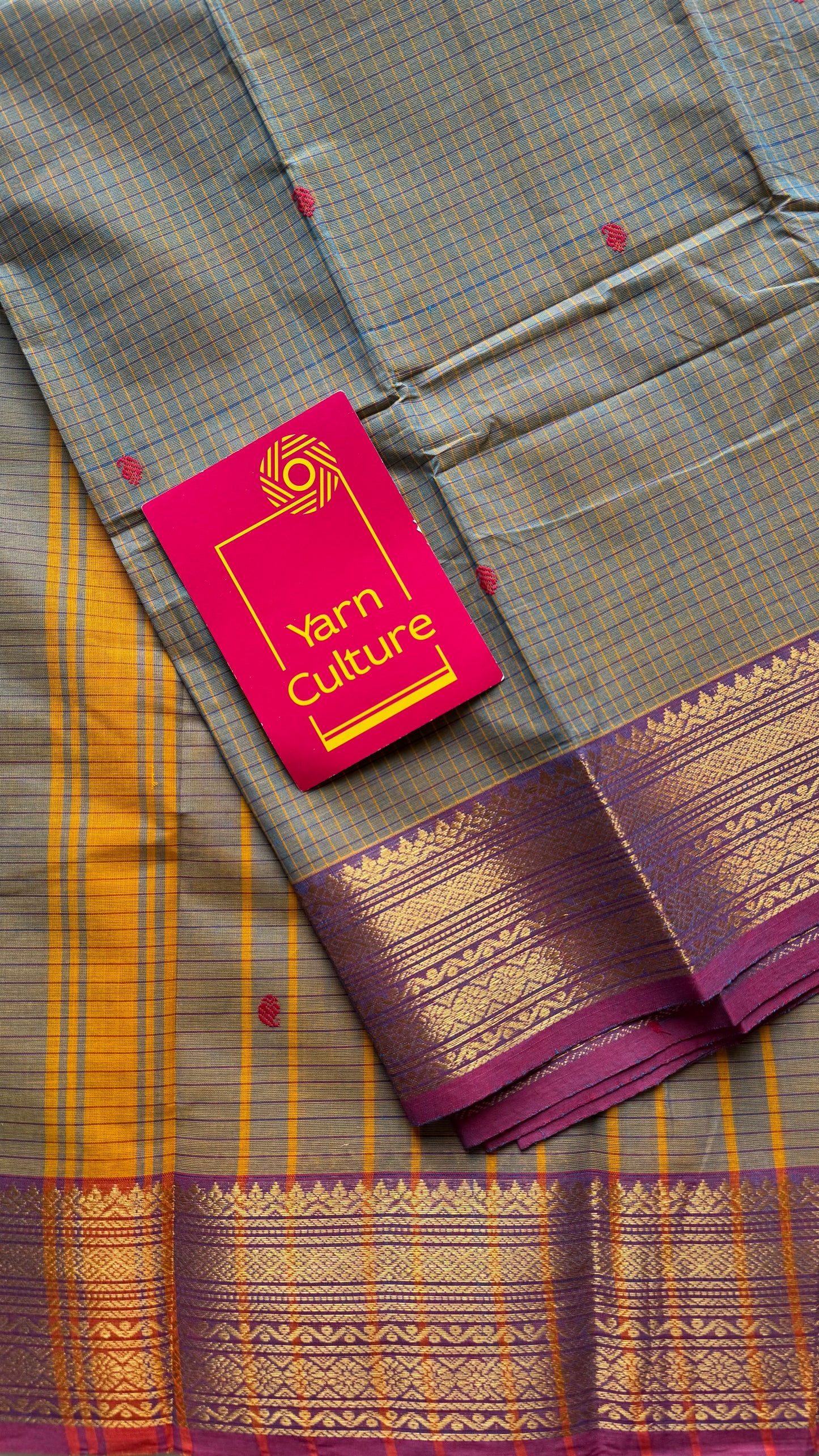 Grey and magenta purple contrast, checkered Chettinad cotton saree - YCCOTNMA263