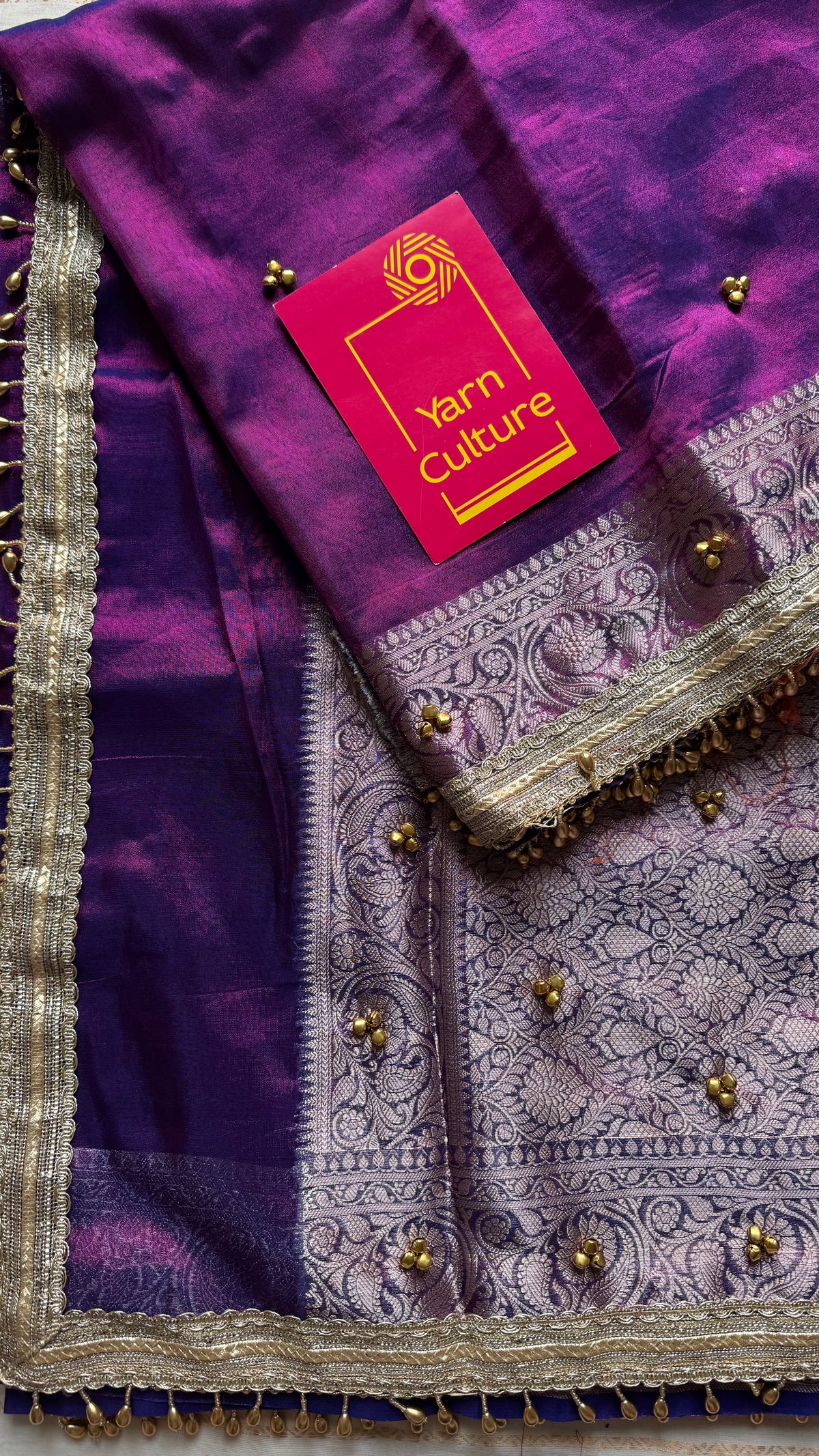 Purple gold tissue Banarasi saree with ghungroo embellishments and beaded lace border - YCBLTOC67