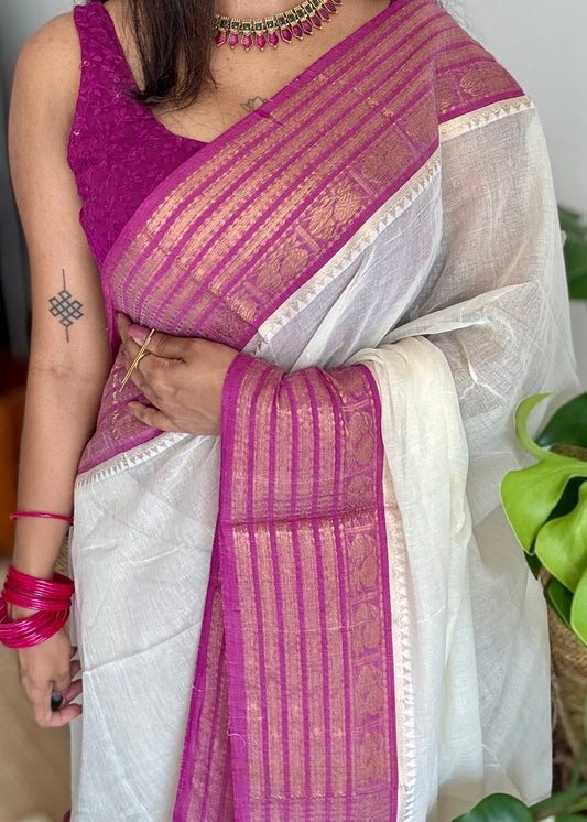 Ivory mul saree, purple pink kanchi border - YCIEON17