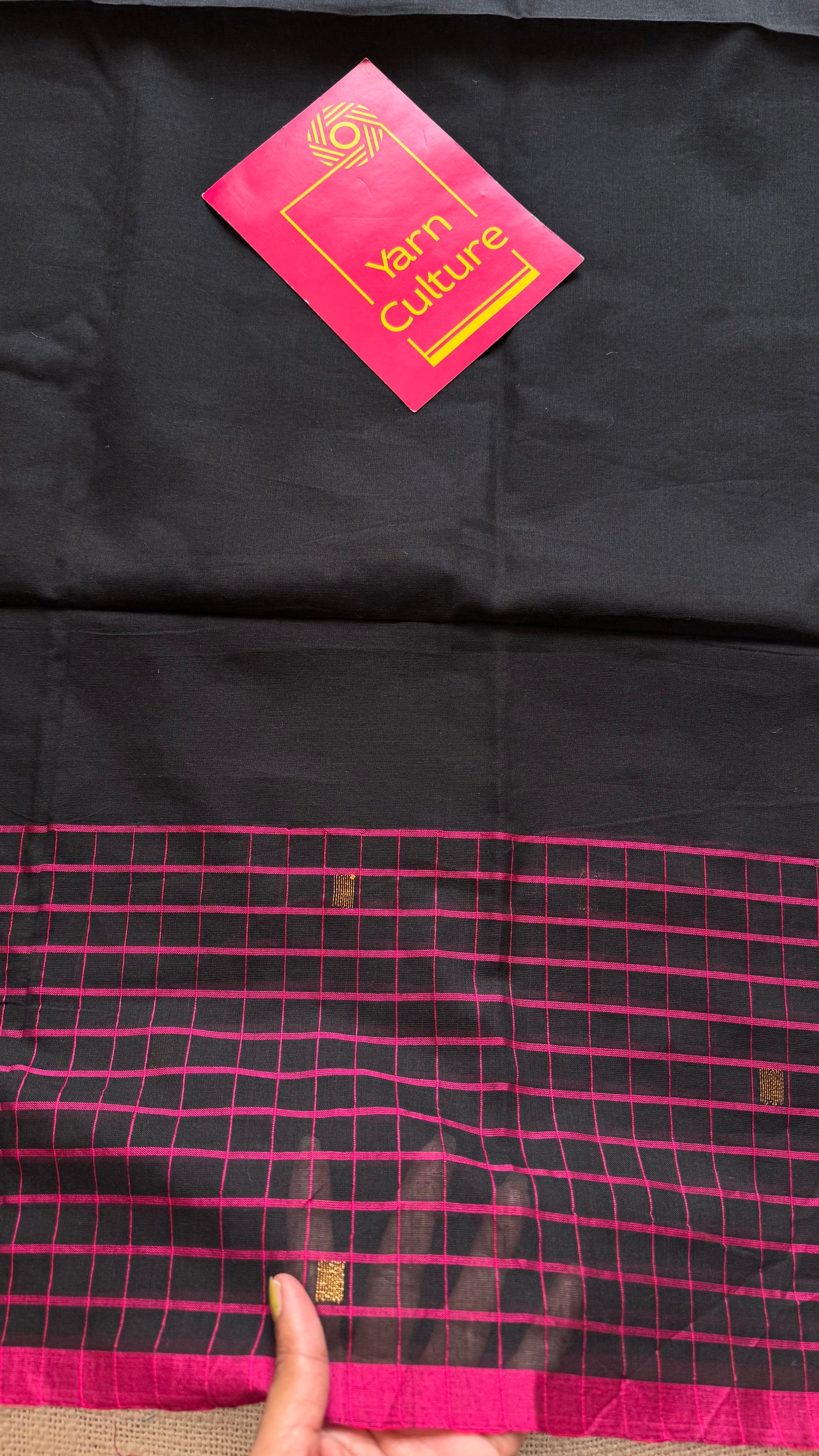 Black handloom mul saree with pink checkered borders and antique gold buttas - YCBCMCFE385