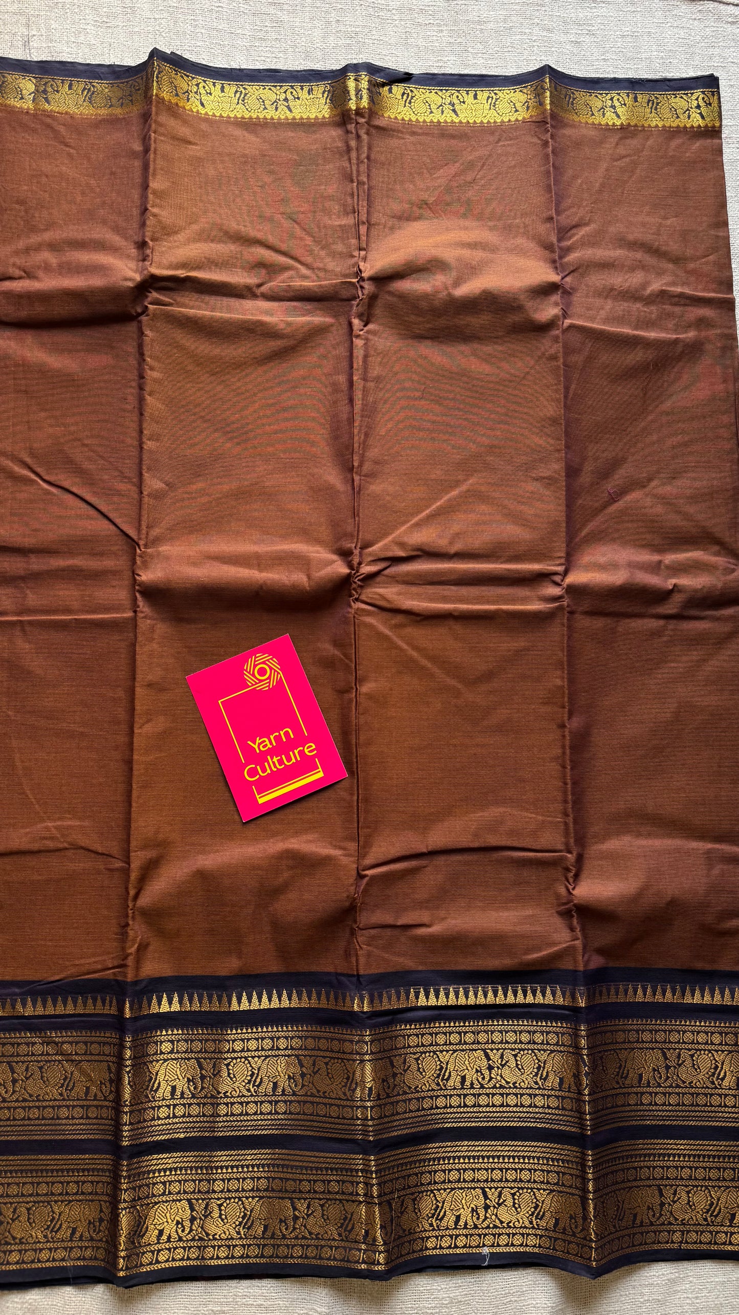 Brown with dark blue contrast, wide zari border, kanchi cotton - YCCOTNKCJA211