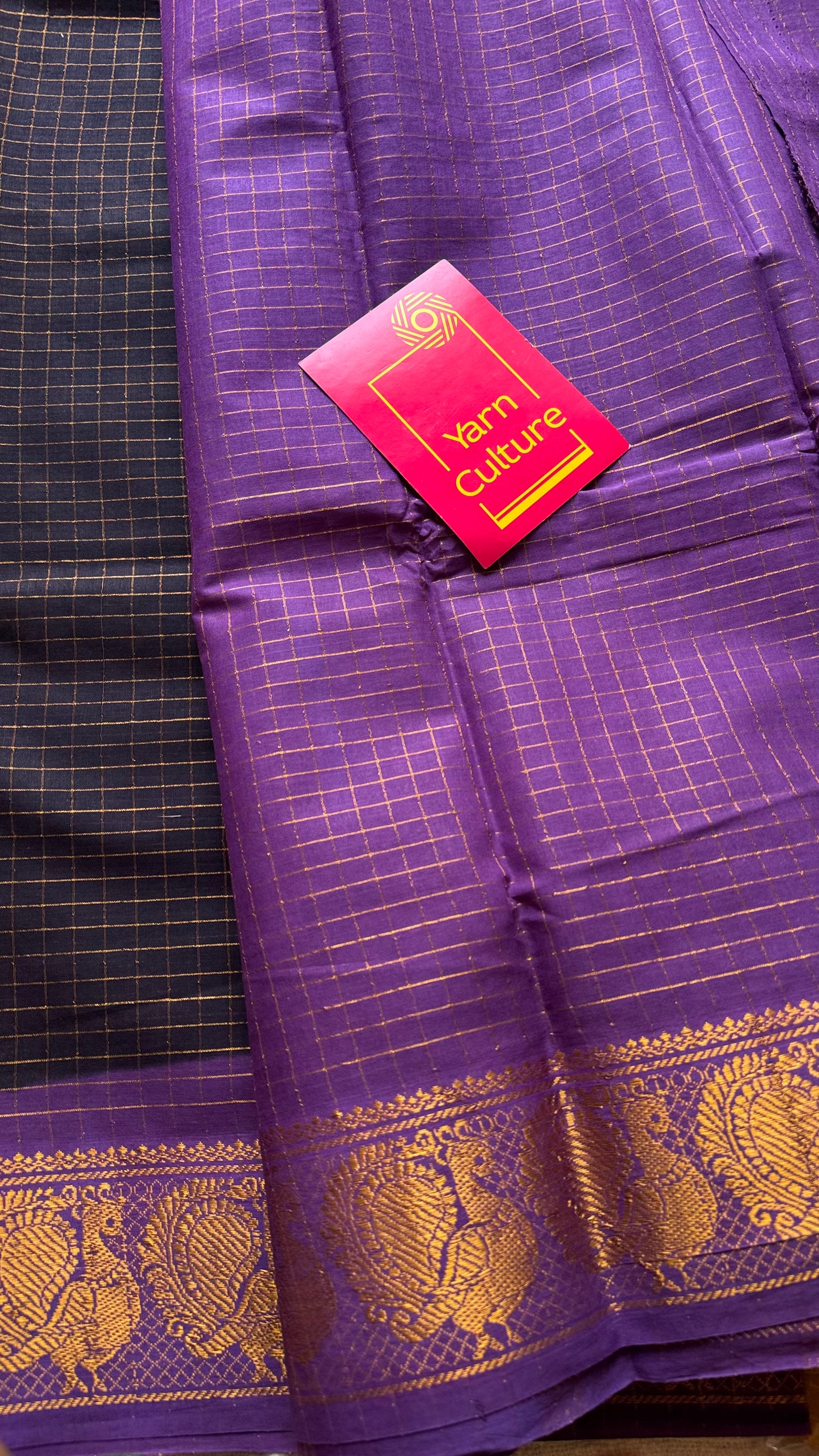 Dark blue with purple contrast zari checkered sungudi, kattuchayam dyed madurai cotton - YCCOTNMSAP92
