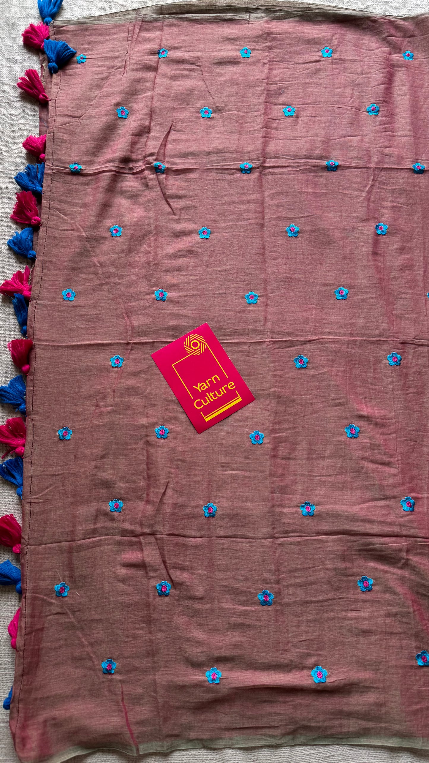 Dusty pink with grey dual tone, blue floral embroidered mul cotton saree  - YCBCMCAP44