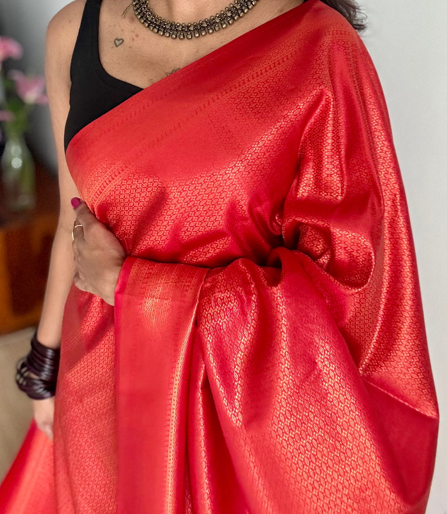 Red, antique gold zari, semi-silk - YCDOSOCSS06
