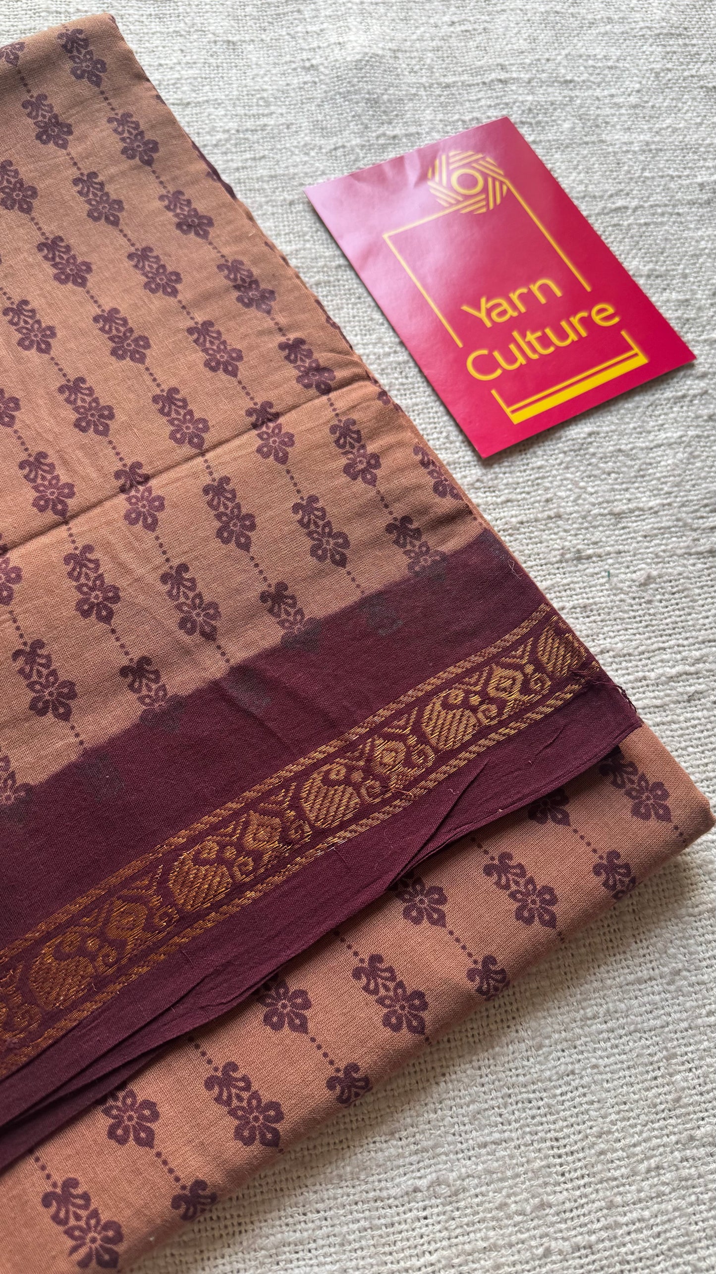 Madisar saree (9 yards) - Light brown with maroon, motif printed, kattuchayam dyed madurai sungudi cotton saree - YCCOTNMSFE78