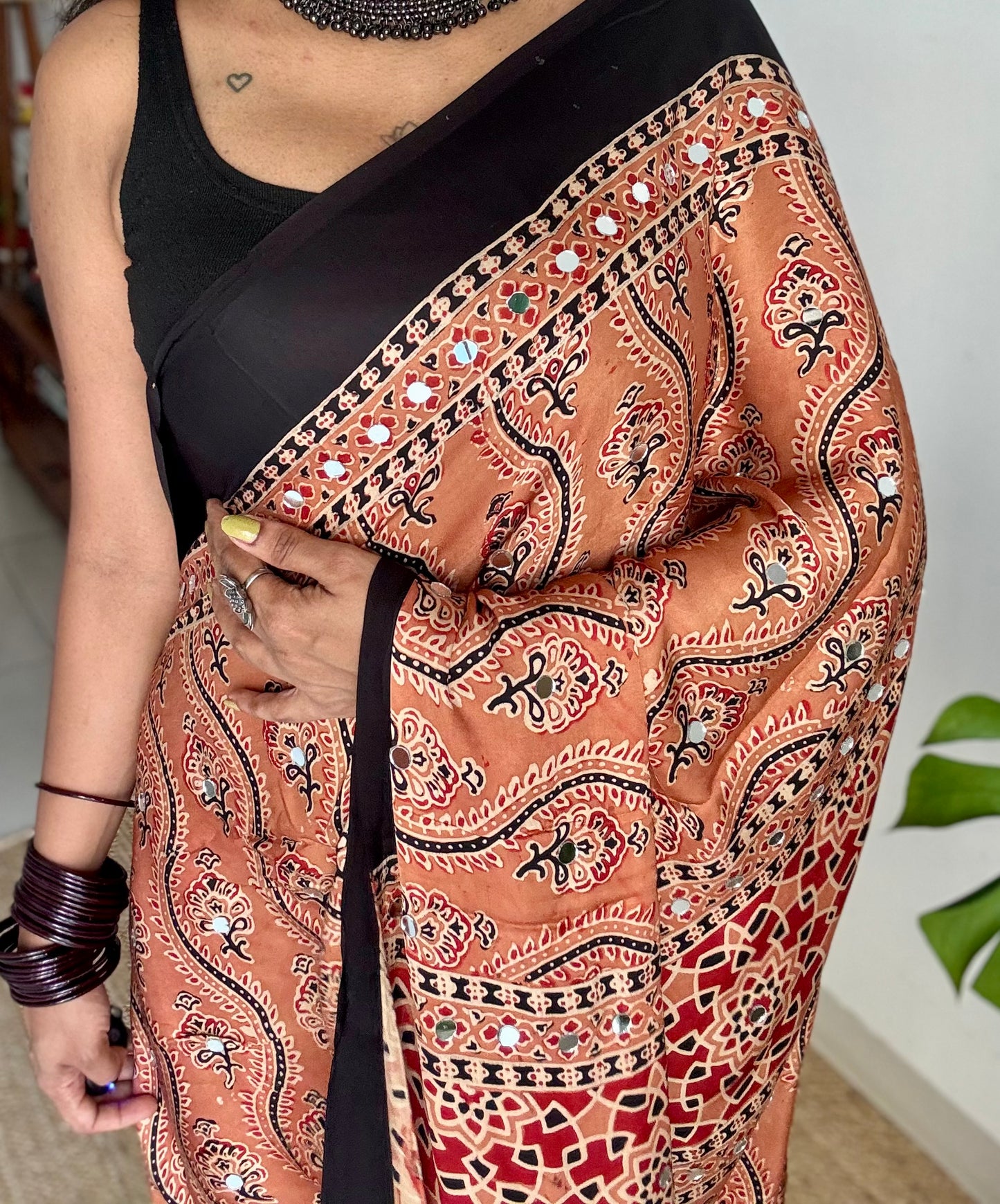 Light clay brown pure modal silk saree with ajrakh handblock print and mirror work, gold zari pallu - YCTOKAJM341