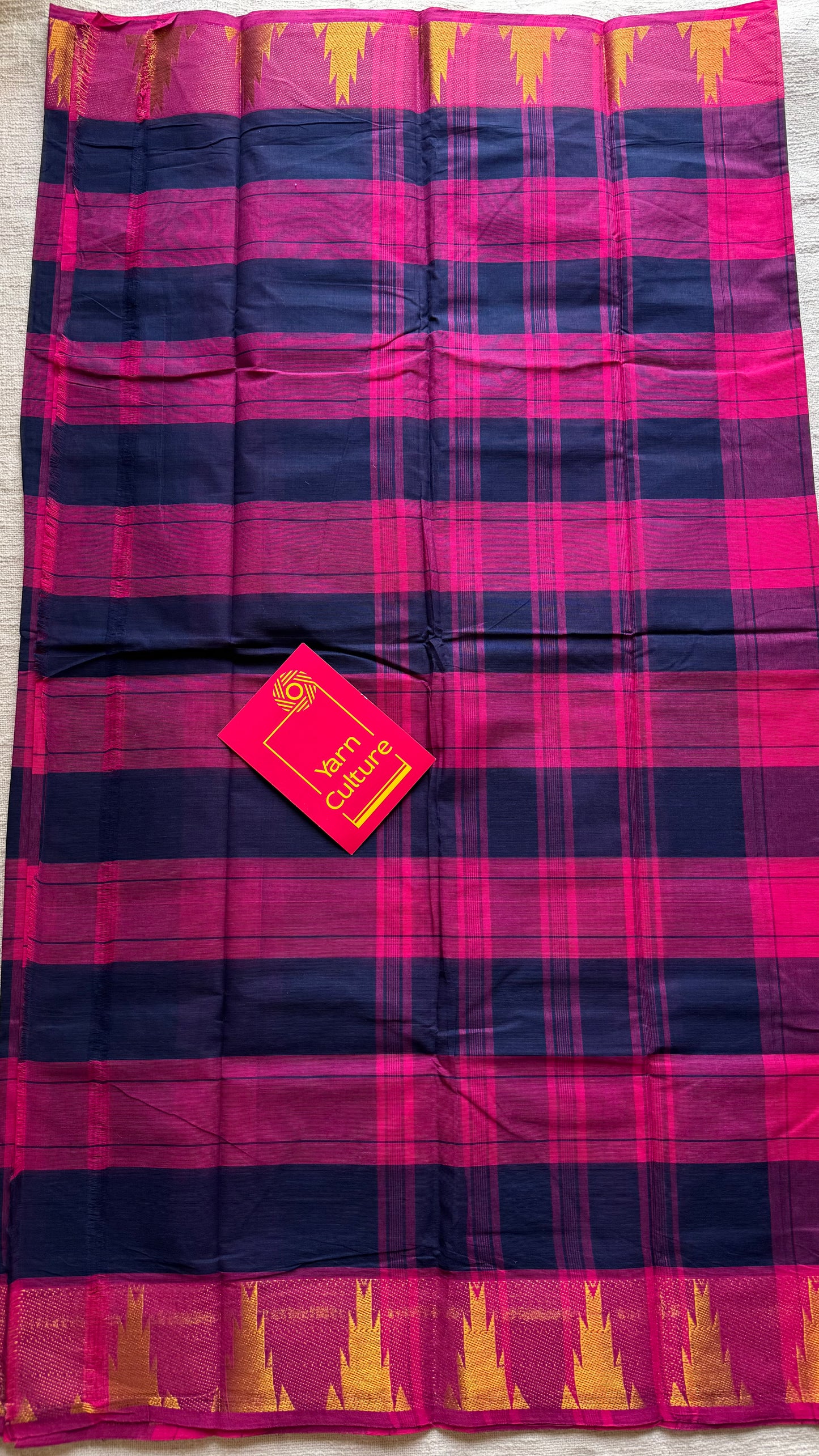 Chettinad cotton saree with pink and navy checks, temple motif border - YCCOTNAP58