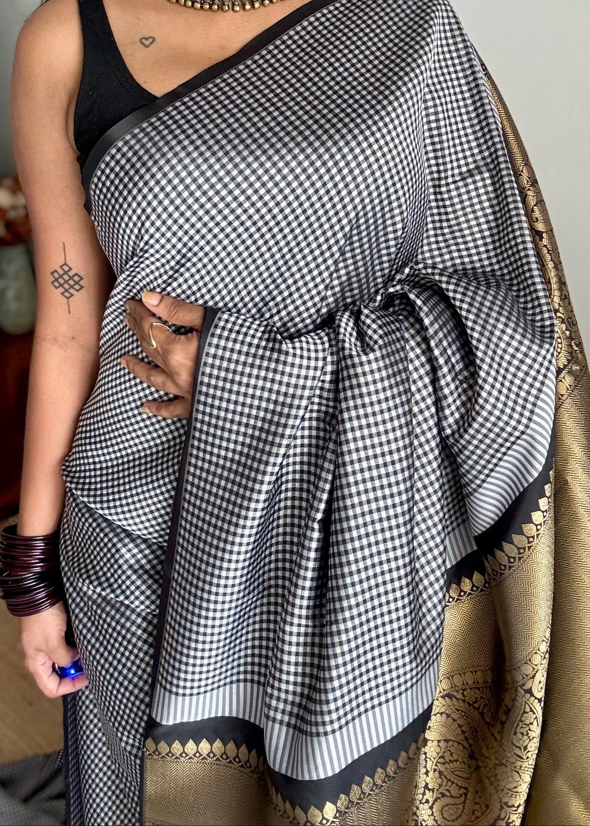 Black and white mini checks, Banarasi semi-katan silk saree with antique gold zari pallu - YCBLTOC93
