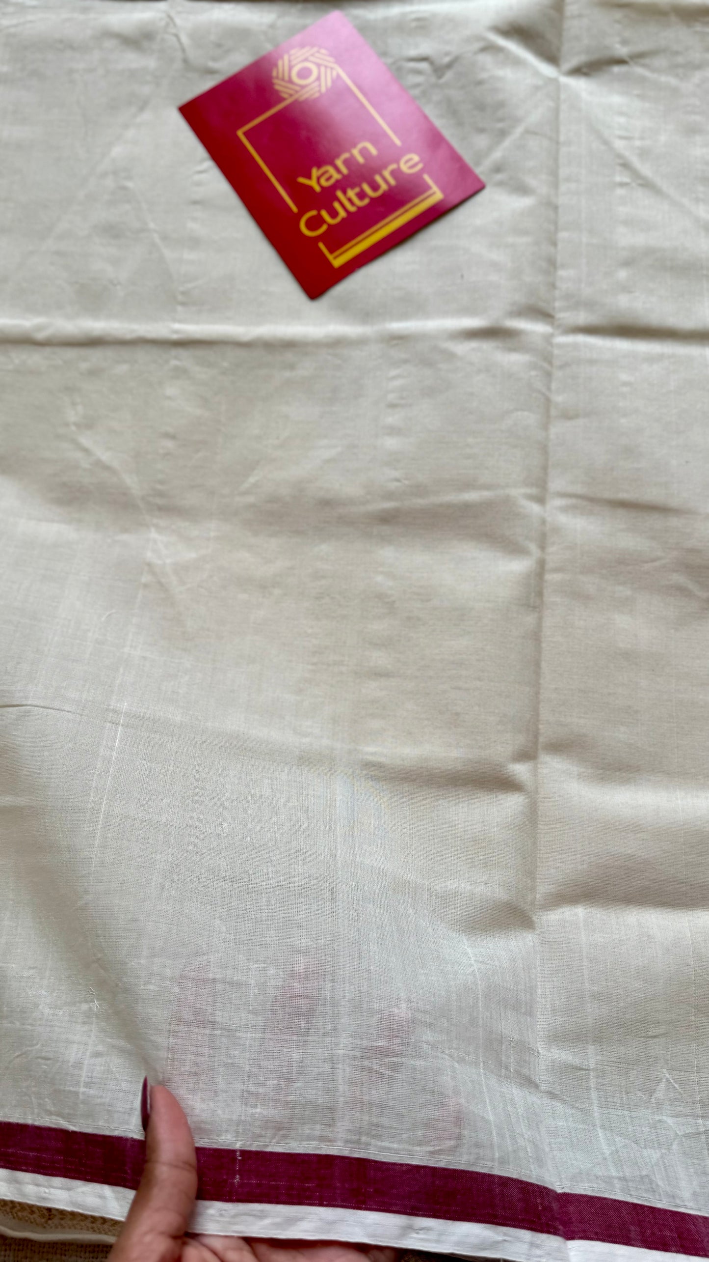Handloom, woven in Chendamangalam Looms, ivory with maroon border, soft cotton saree - YCIEON151