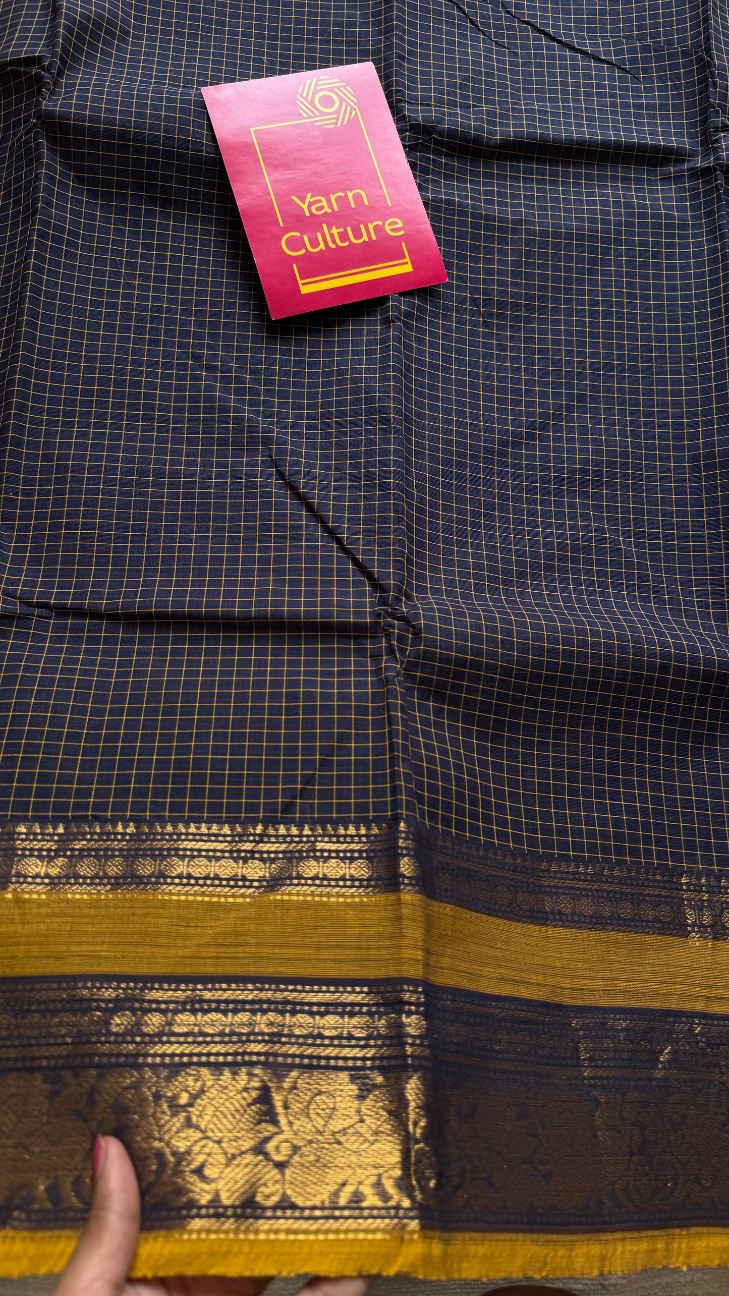 Kanchi cotton saree, dark blue checks with korvai border - YCCOTNAP72