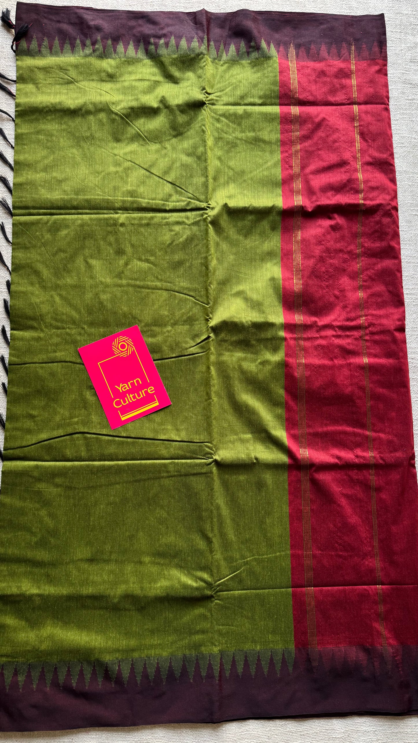 Parrot green with maroon temple border, cotton silk - YCCOTNCSDE98