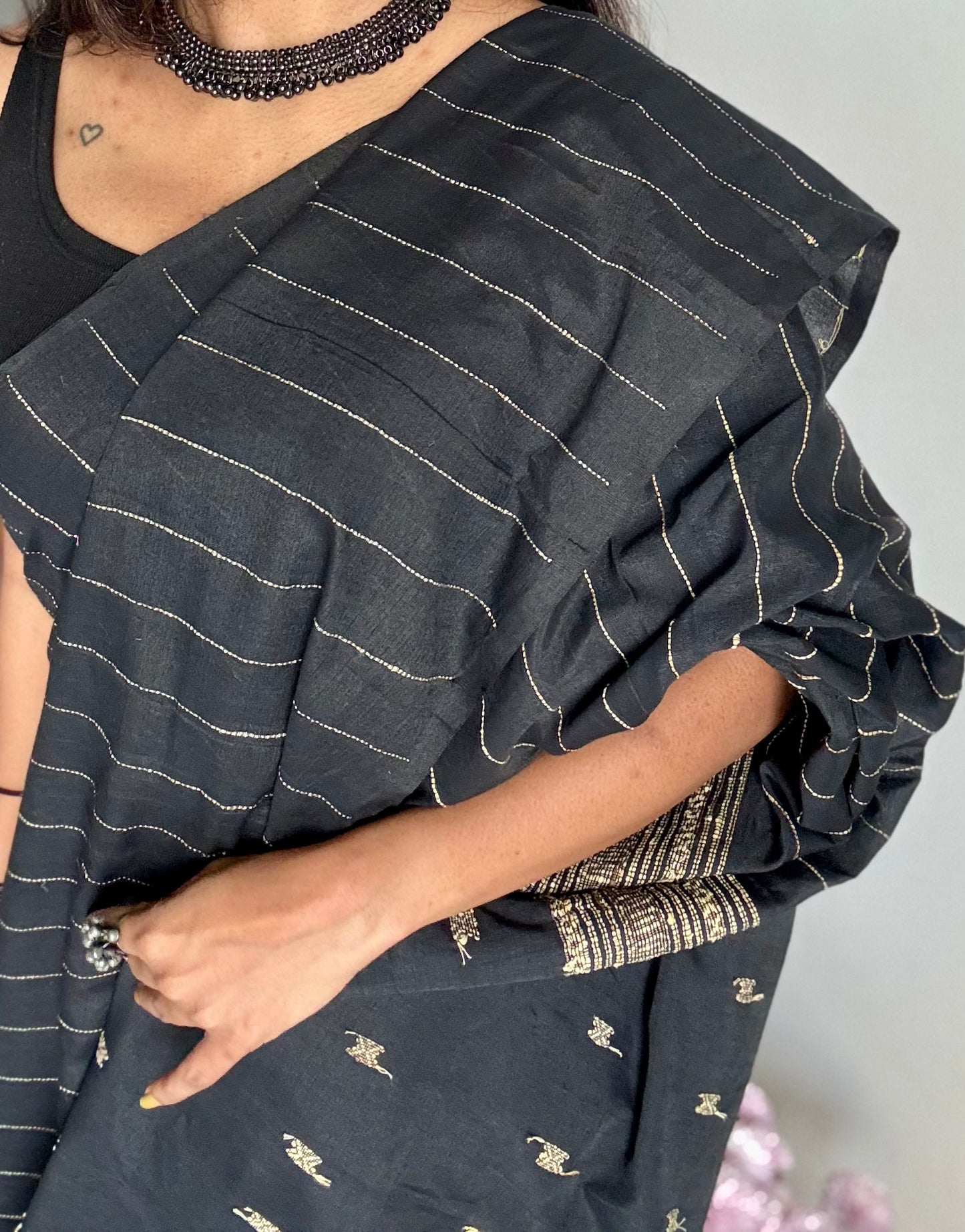 Black, bhujodi patterned soft khadi cotton saree - YCBCKCDE22