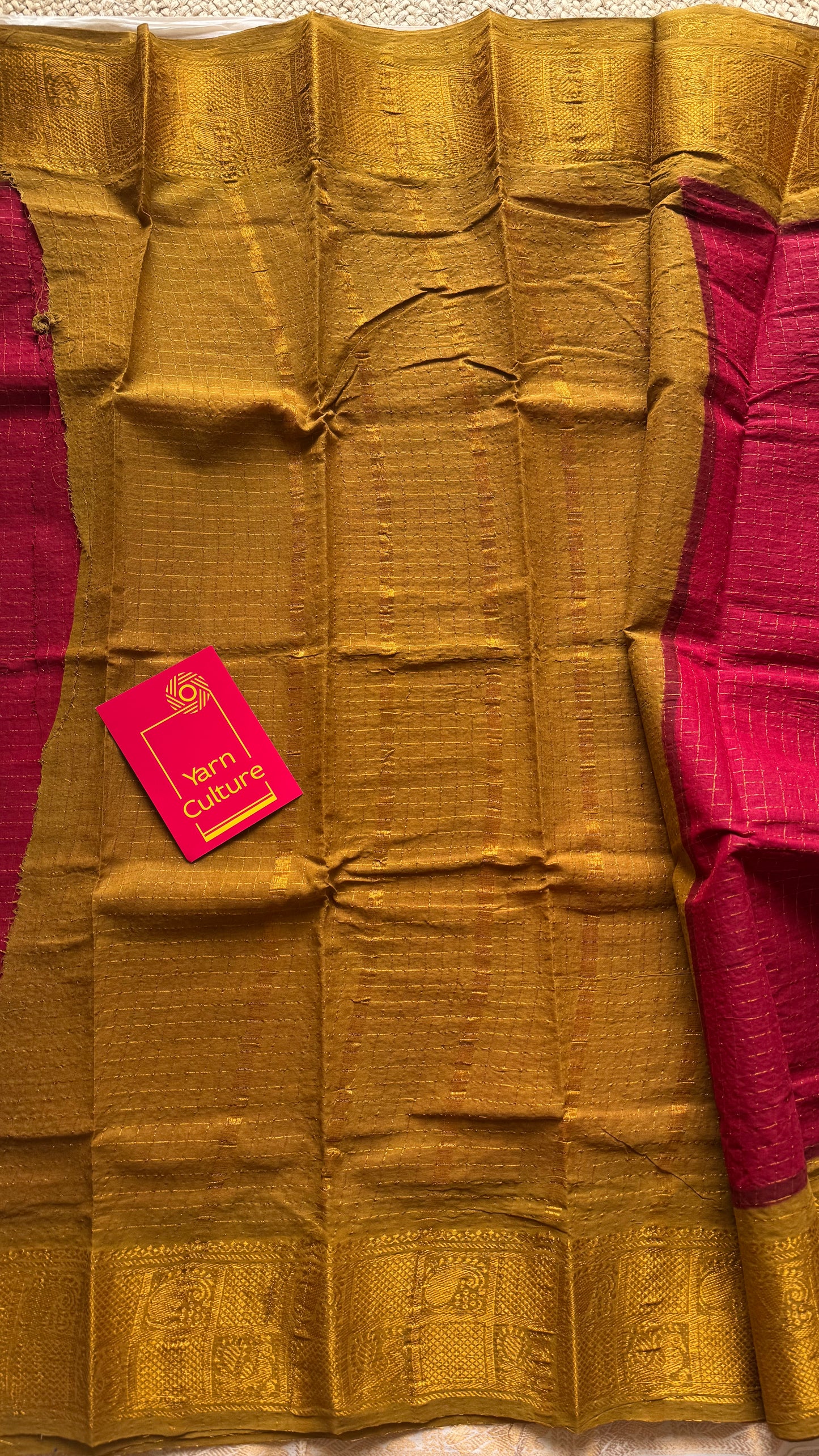 Red with light green contrast zari checkered sungudi, kattuchayam dyed madurai cotton - YCCOTNJU23