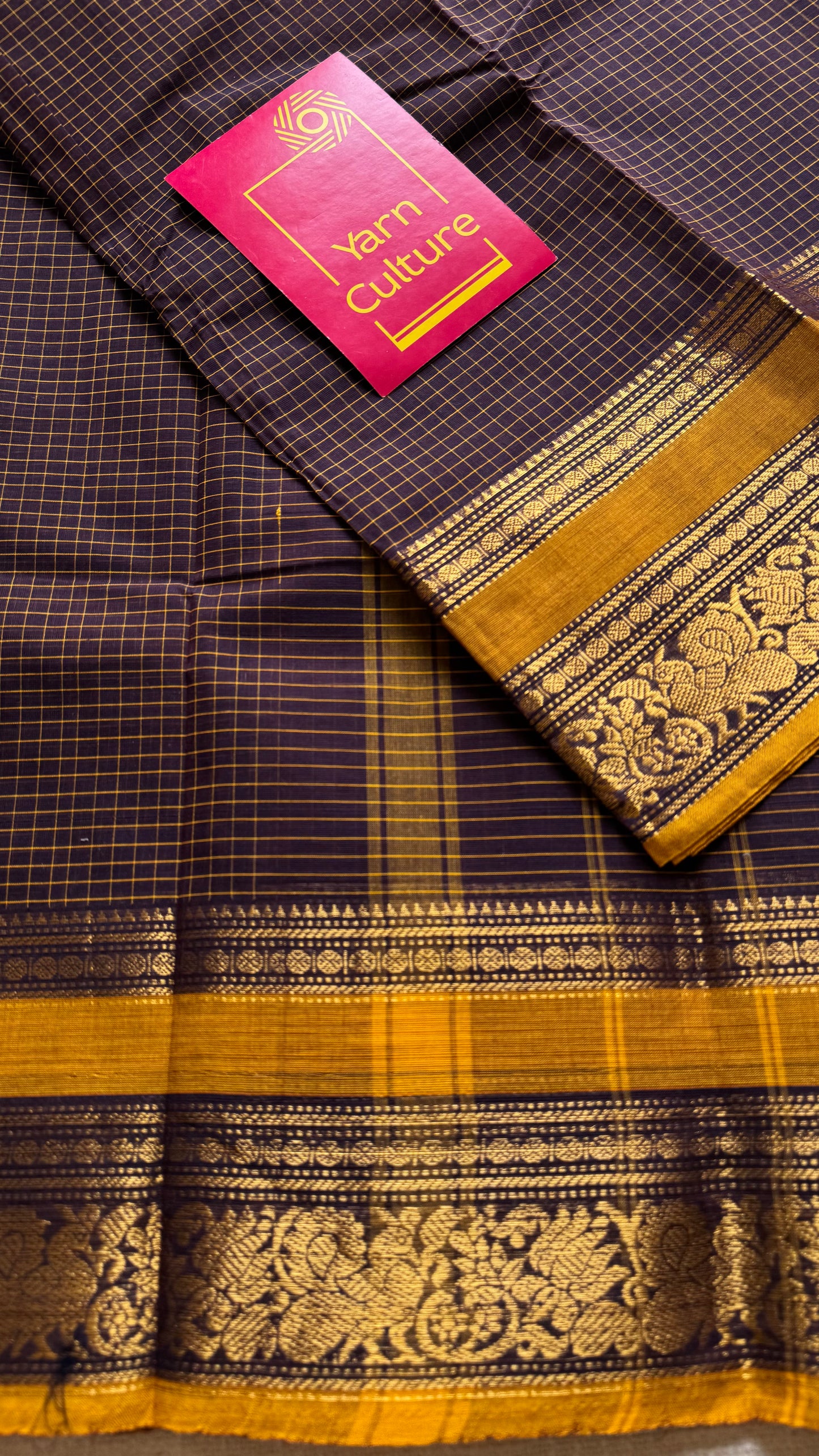 Kanchi cotton saree, dark brown checks with korvai border - YCCOTNAP73
