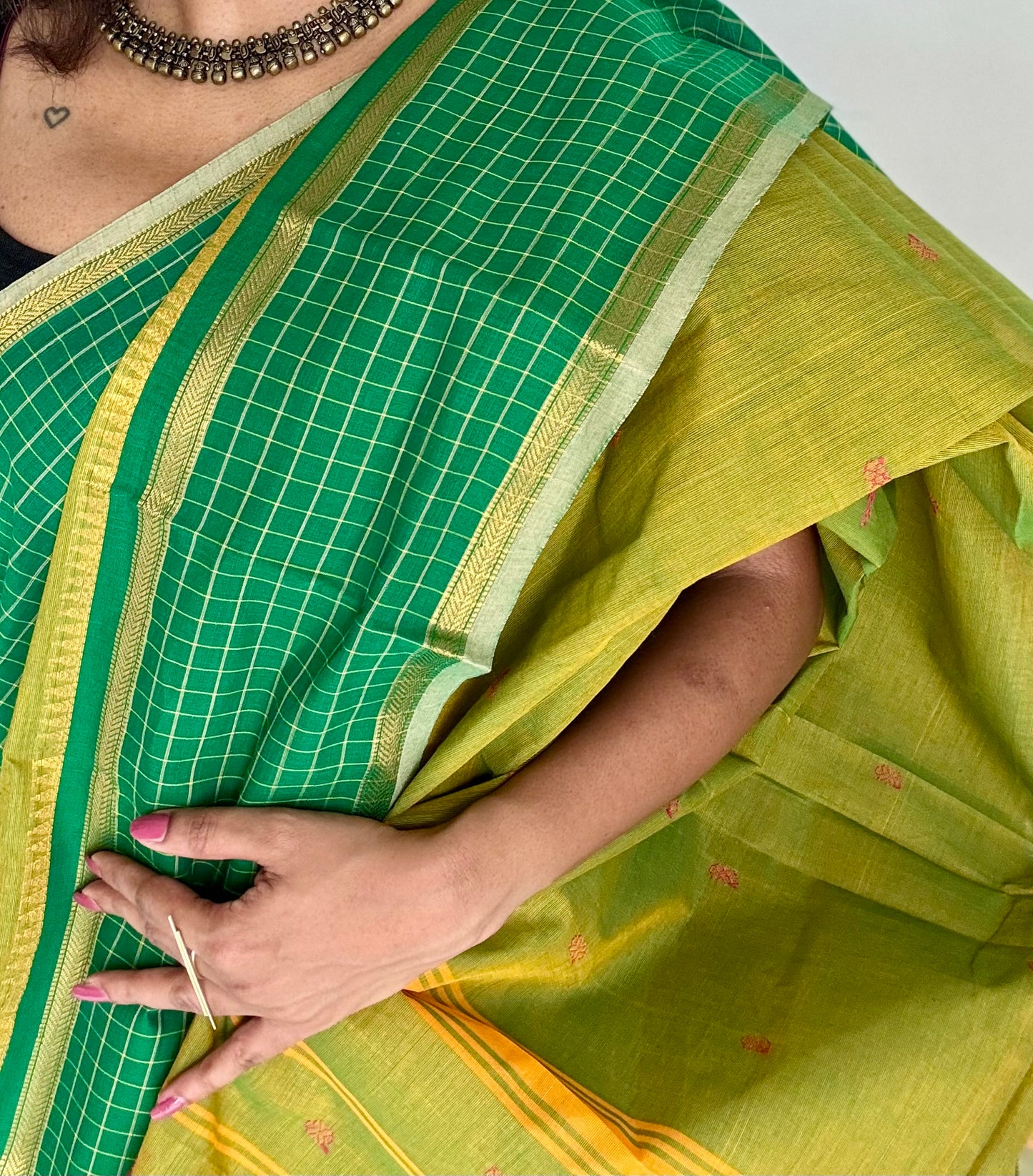 Light green and dark green contrast, Chettinad cotton saree with checkered border - YCCOTNMA274