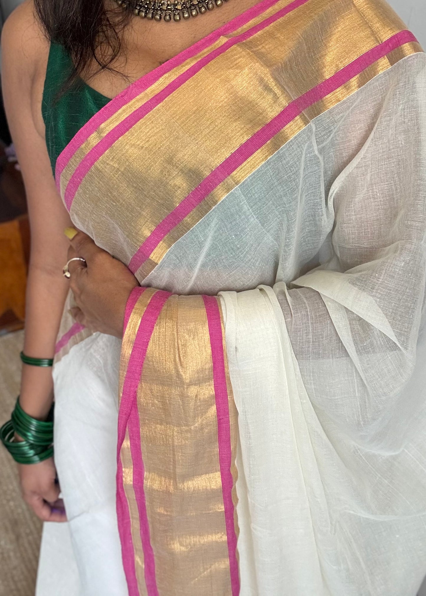 Ivory mul saree with gold zari border with hot pink highlights - YCIEBCFE326