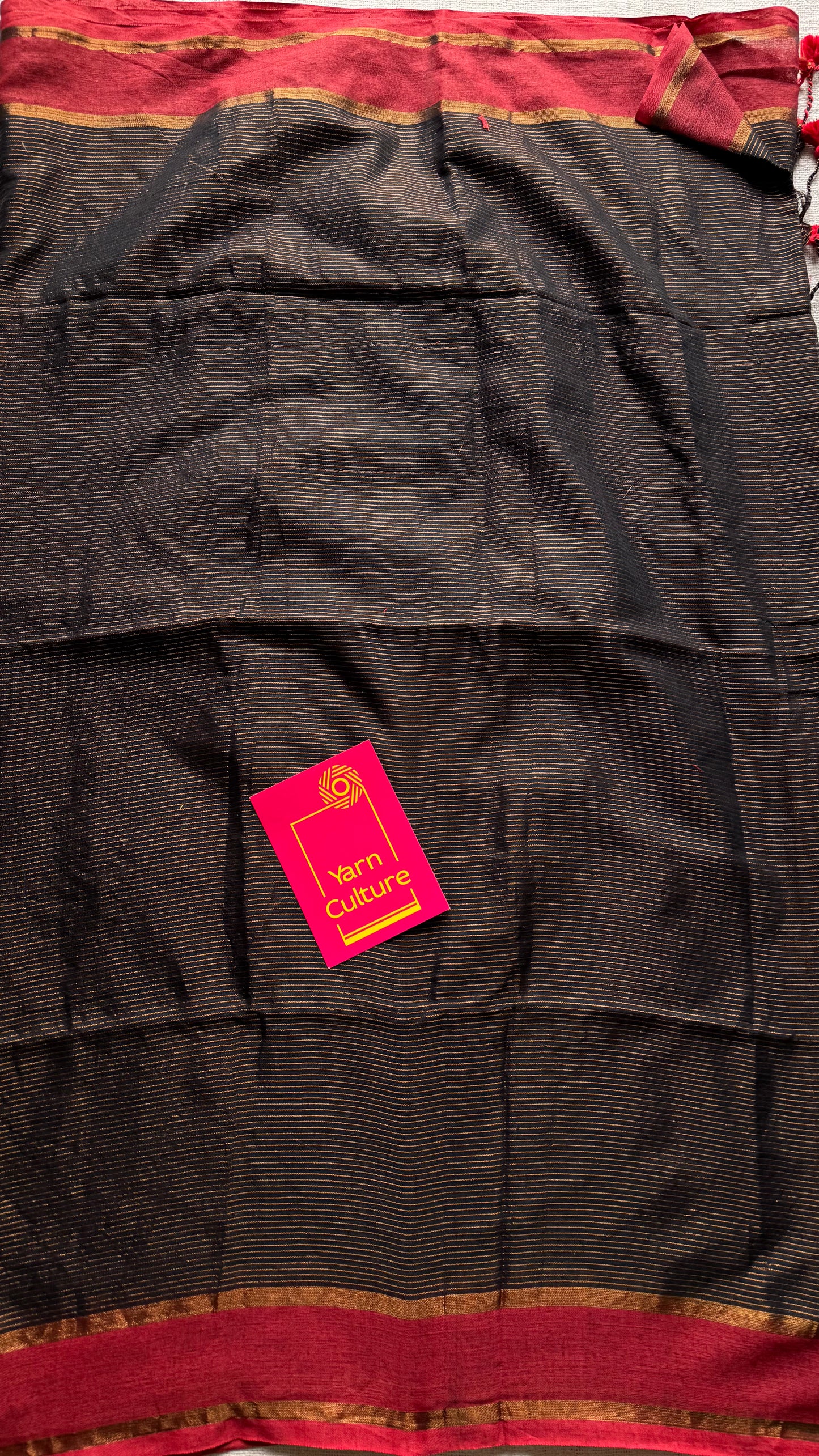 Black with red gap border, gold zari stripes, soft cotton - YCBCKCZDE133