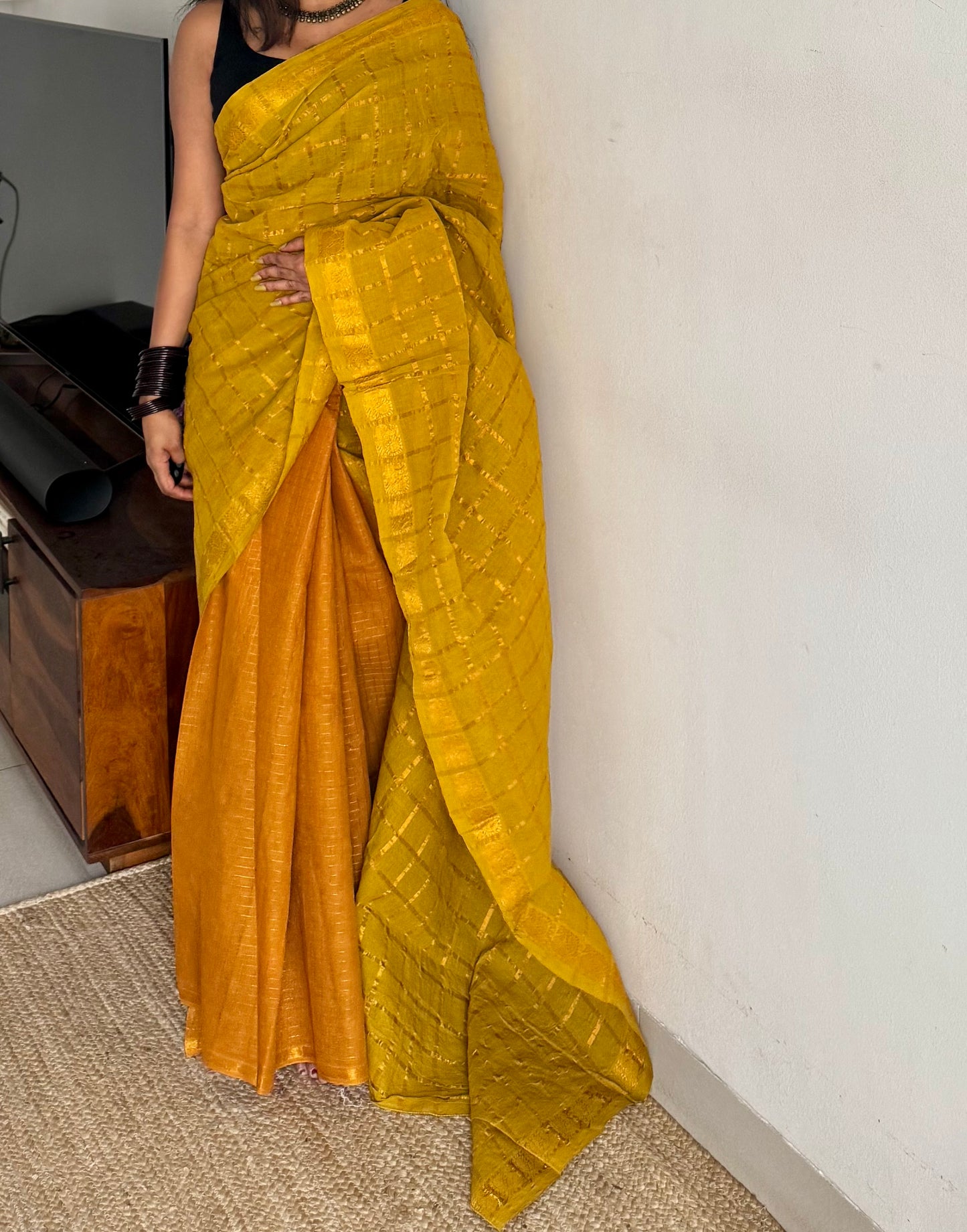 Light green with turmeric yellow, sungudi cotton half-half saree - YCCOTNMSFE369