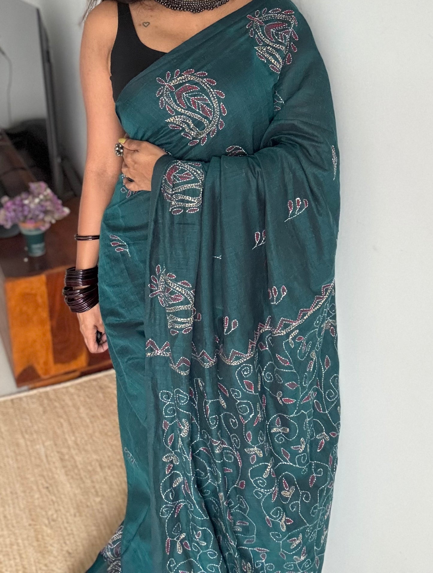 Embroidered peacock blue kantha weave in soft cotton - YCBCKKJA144