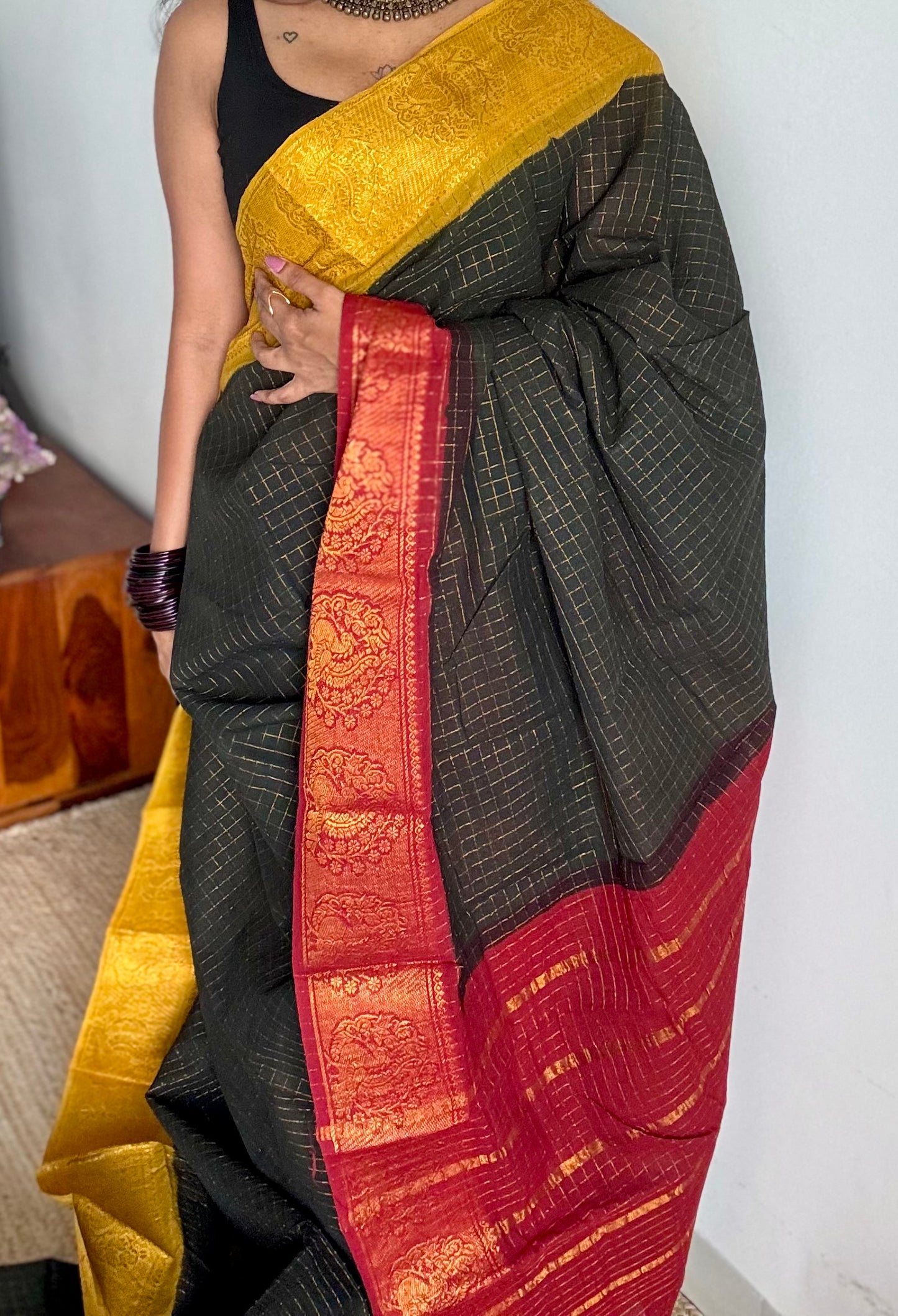 Sungudi cotton checks, black base, red and yellow dual tone border, soft cotton - YCCOTNGJJA180