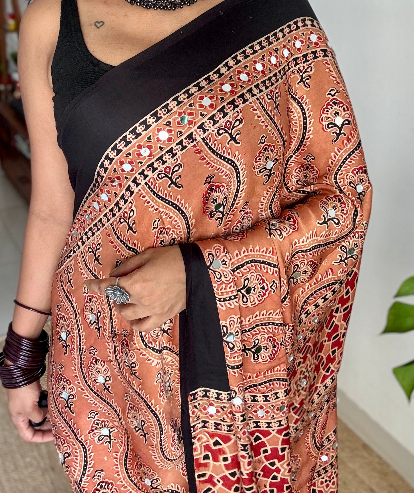 Light clay brown pure modal silk saree with ajrakh handblock print and mirror work, gold zari pallu - YCTOKAJM341