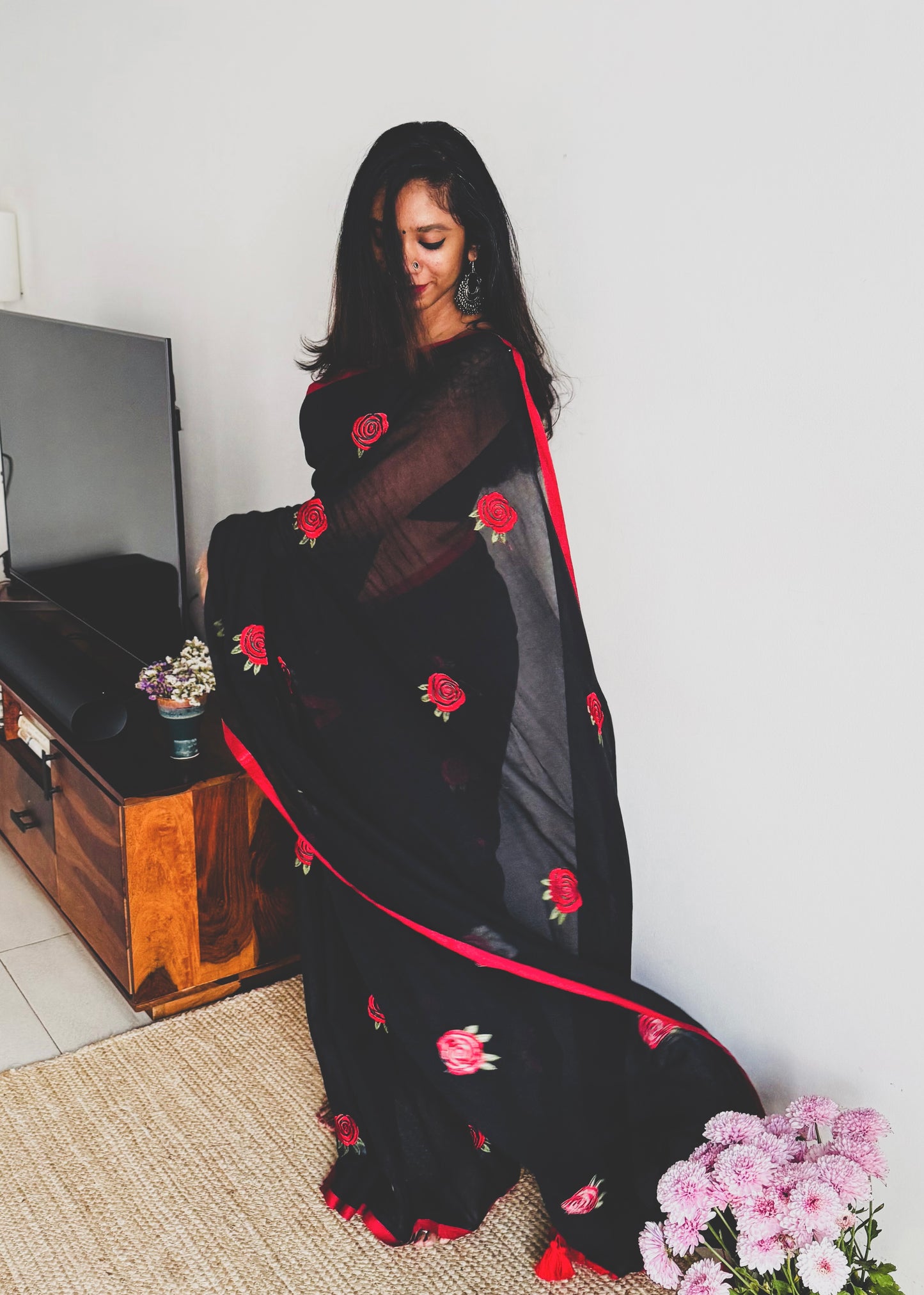 Black mul with red rose thread embroidery - YCBCMCNO69