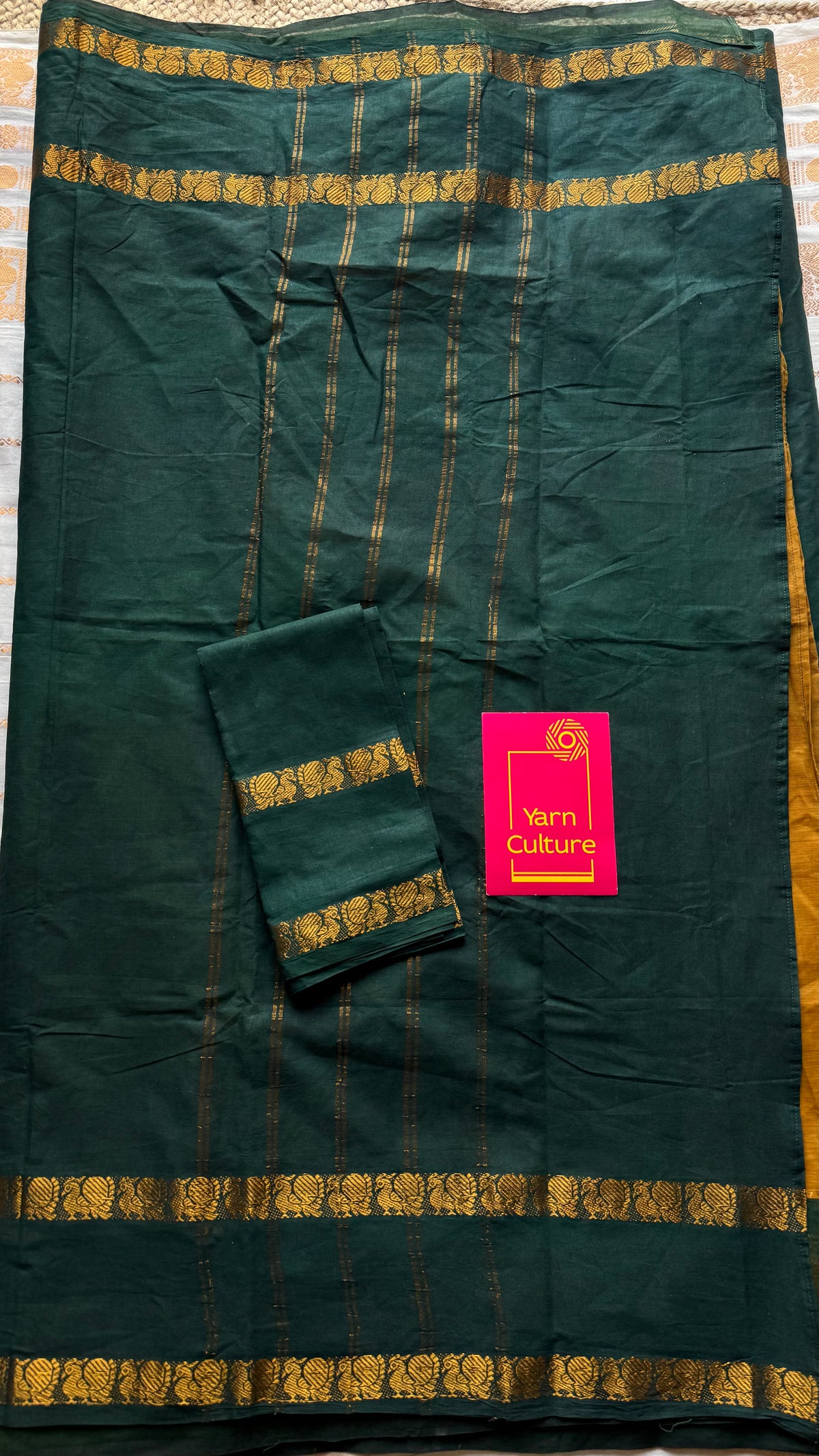 Dark green with ginger green, sungudi and chettinad cotton half and half saree - YCCOTNIDOC135