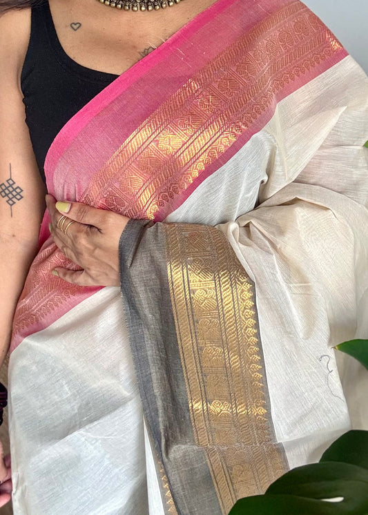 Ivory with pink and black ganga jamuna zari border kanchi cotton saree - YCCOTNCKSE22