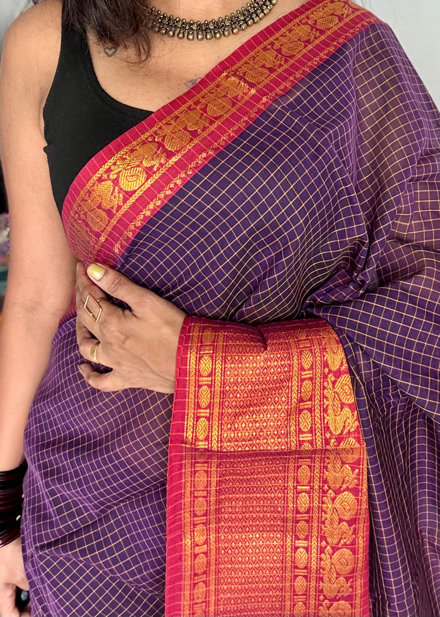 Purple checks with pink zari border, premium narayanpet, soft cotton - YCWOTDNPCFE21