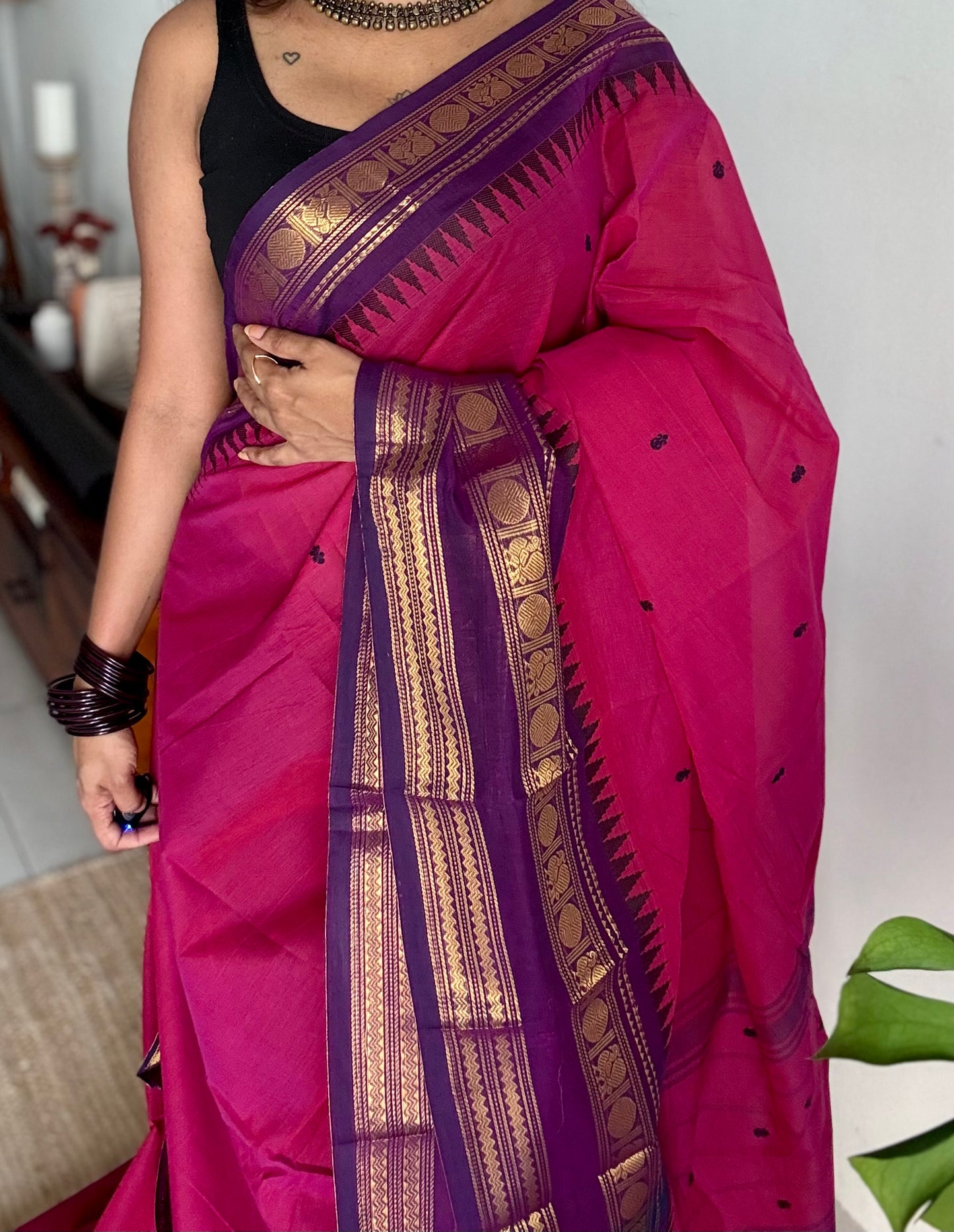 Magenta pink and purple contrast, kanchi cotton saree - YCCOTNMA324