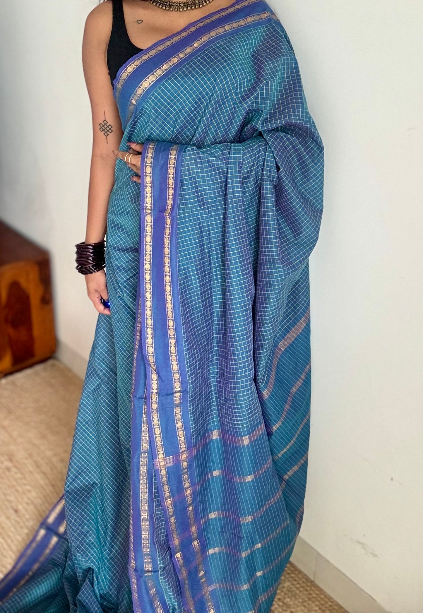 Peacock blue, arani checks saree, cotton silk - YCCOTNAUG21