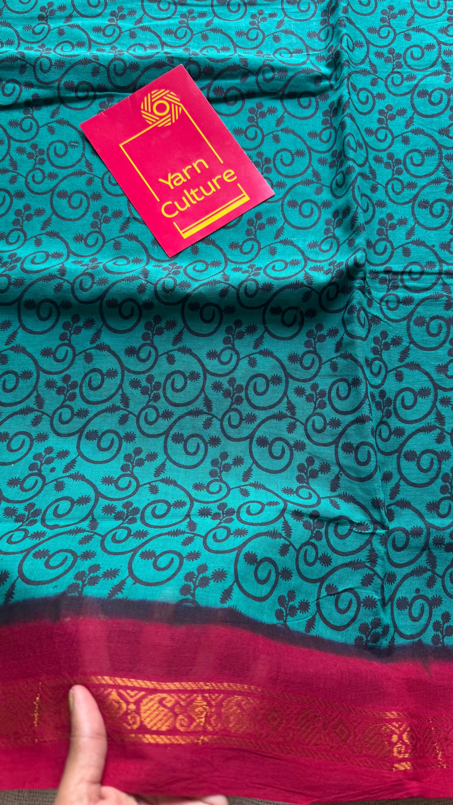 Madisar saree (9 yards) - Aqua green with red, motif printed, kattuchayam dyed madurai sungudi cotton saree - YCCOTNMSFE80