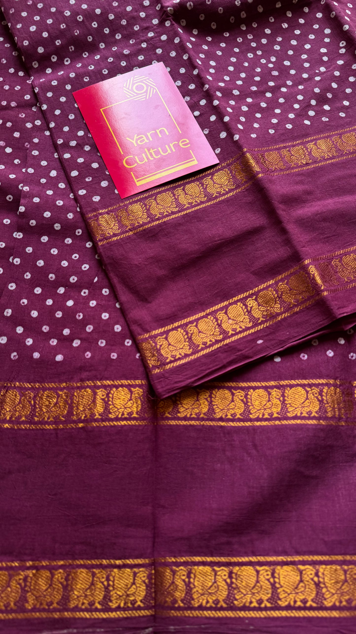 Raspberry maroon wax dot printed sungudi, kattuchayam dyed madurai cotton saree  - YCCOTNMA260