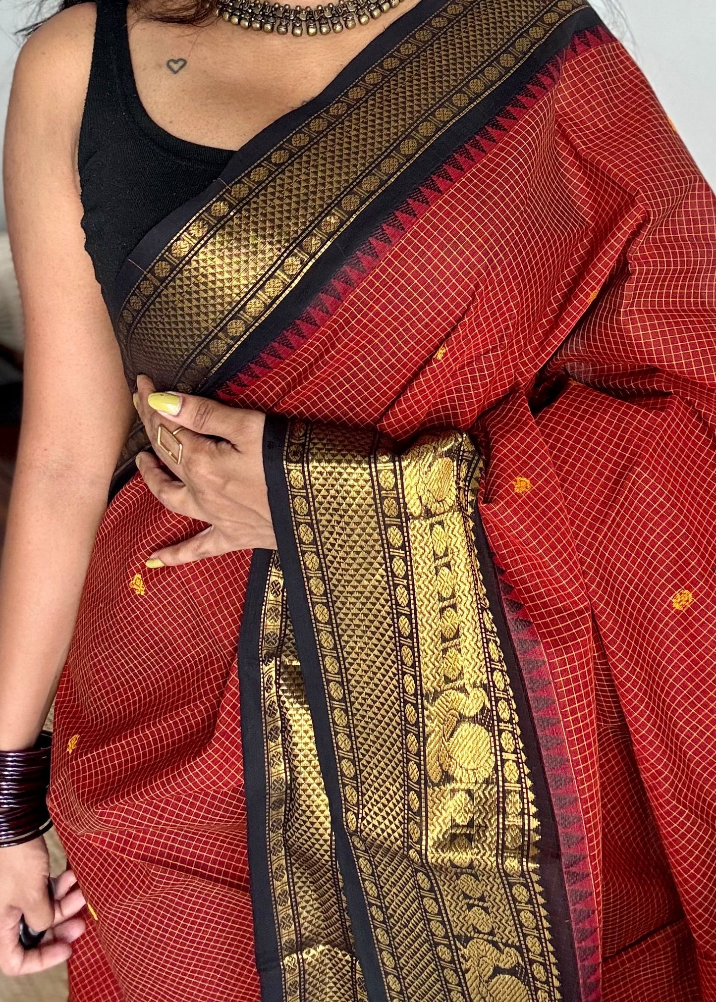 Brick red with black contrast, checkered kanchi cotton saree - YCCOTNJU20