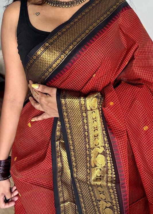 Brick red with black contrast, checkered kanchi cotton saree - YCCOTNJU20
