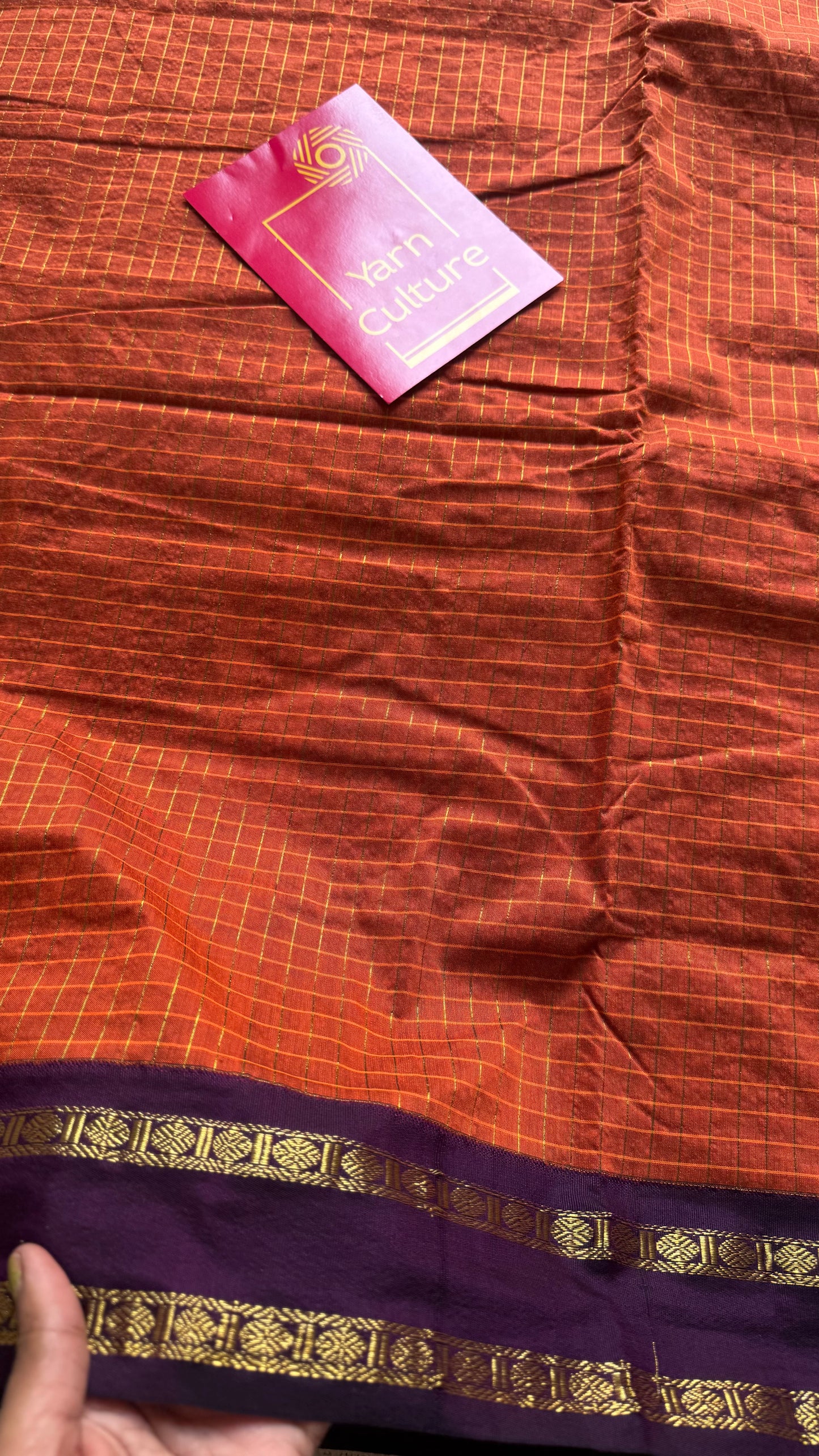 Orange with wine contrast arani checkered saree, cotton silk - YCCOTNKCFE68