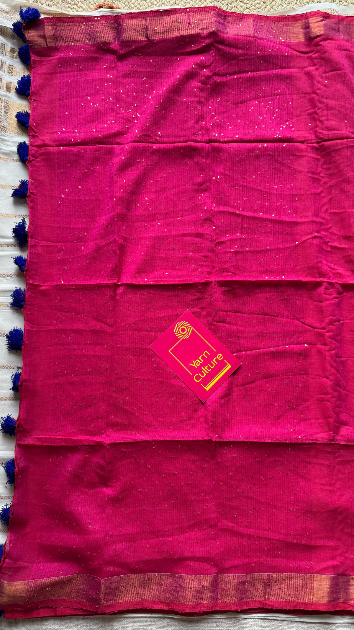 Hot pink mul cotton saree with sequins and zari border - YCBCMCSE34