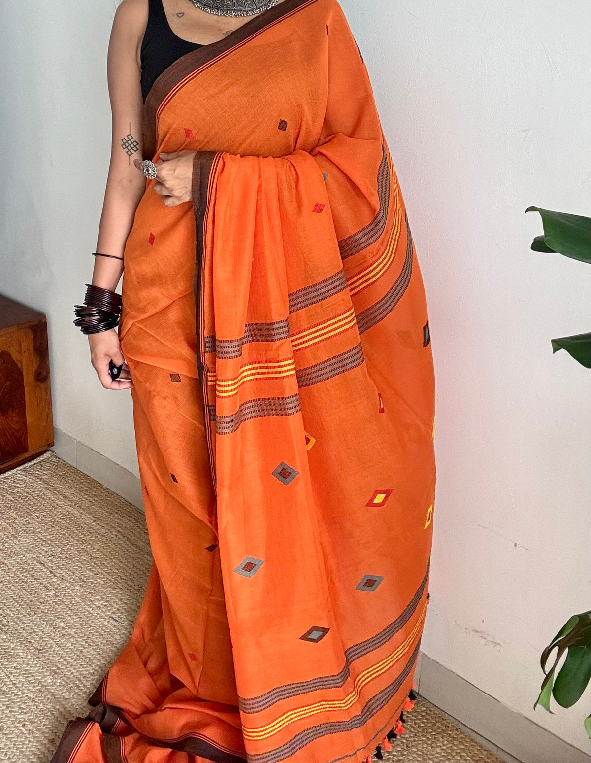 Handloom Bengal soft cotton saree, orange with woven buttas and brown borders - YCBCMCSE36
